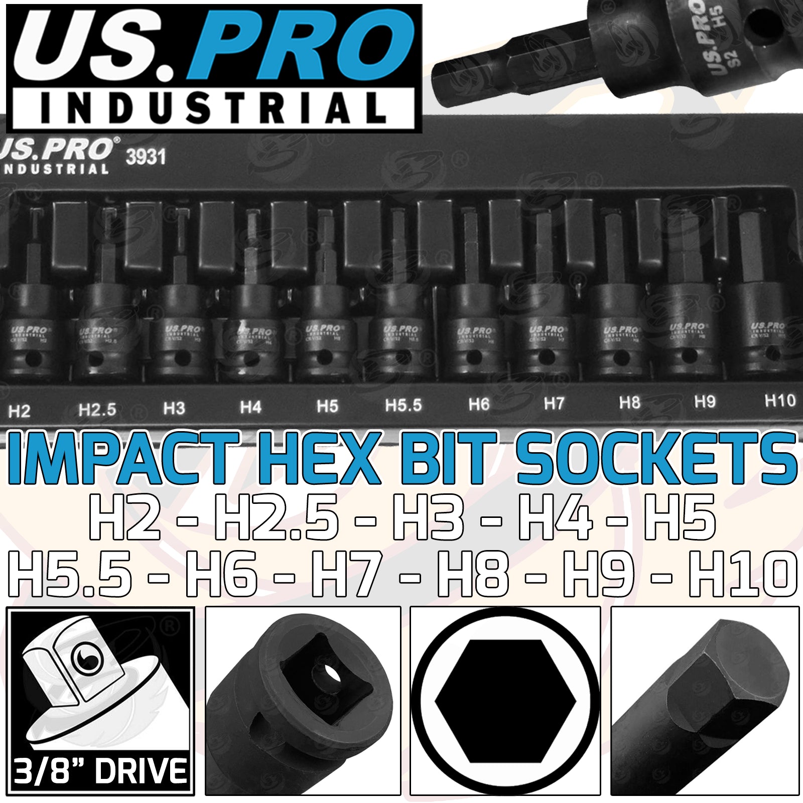 US PRO INDUSTRIAL 11PCS 3/8" DRIVE IMPACT HEX BIT SOCKETS H2 - H10