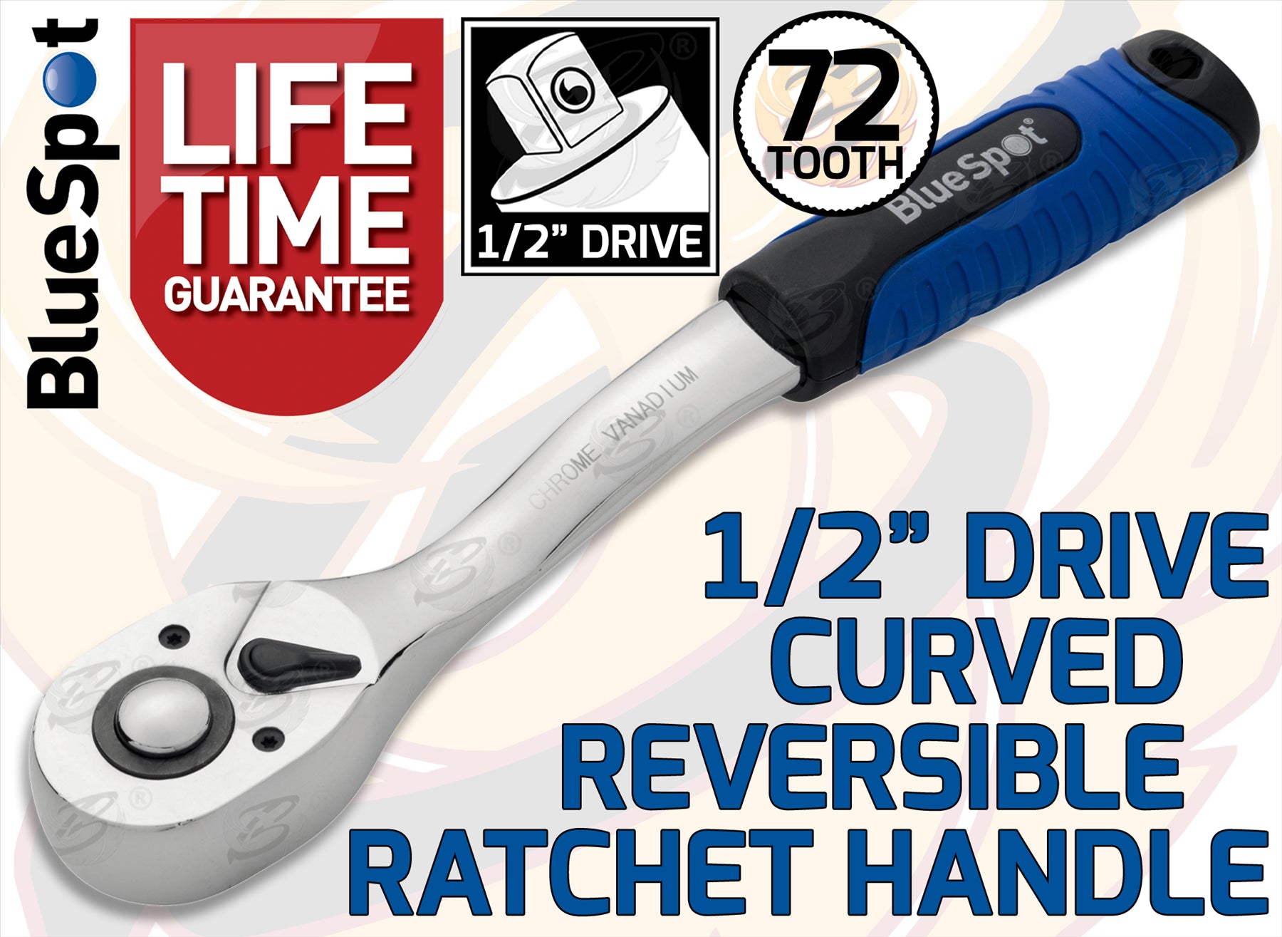 BLUESPOT 1/2" DRIVE 72 TOOTH SOFT GRIP CURVED RATCHET HANDLE