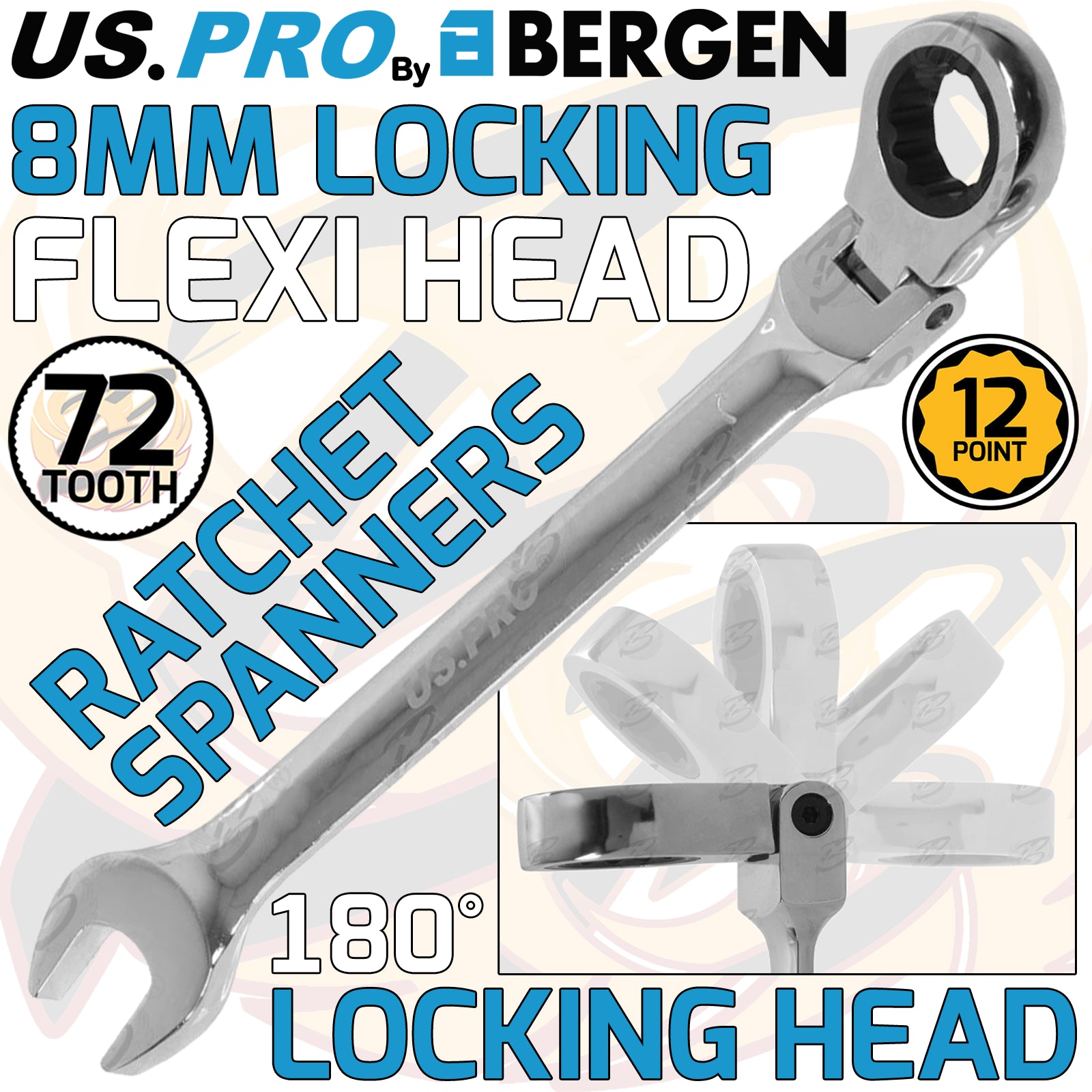 US PRO 8MM 72T FLEXI HEAD ( WITH LOCK ) RATCHET SPANNER