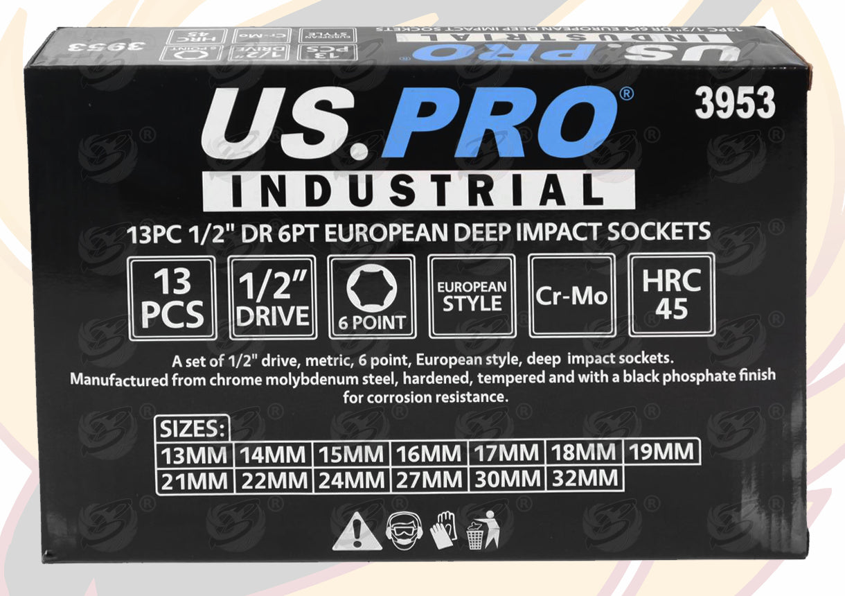 US PRO INDUSTRIAL 13PCS 1/2" DRIVE 6 POINT DEEP IMPACT SOCKETS 13MM - 32MM