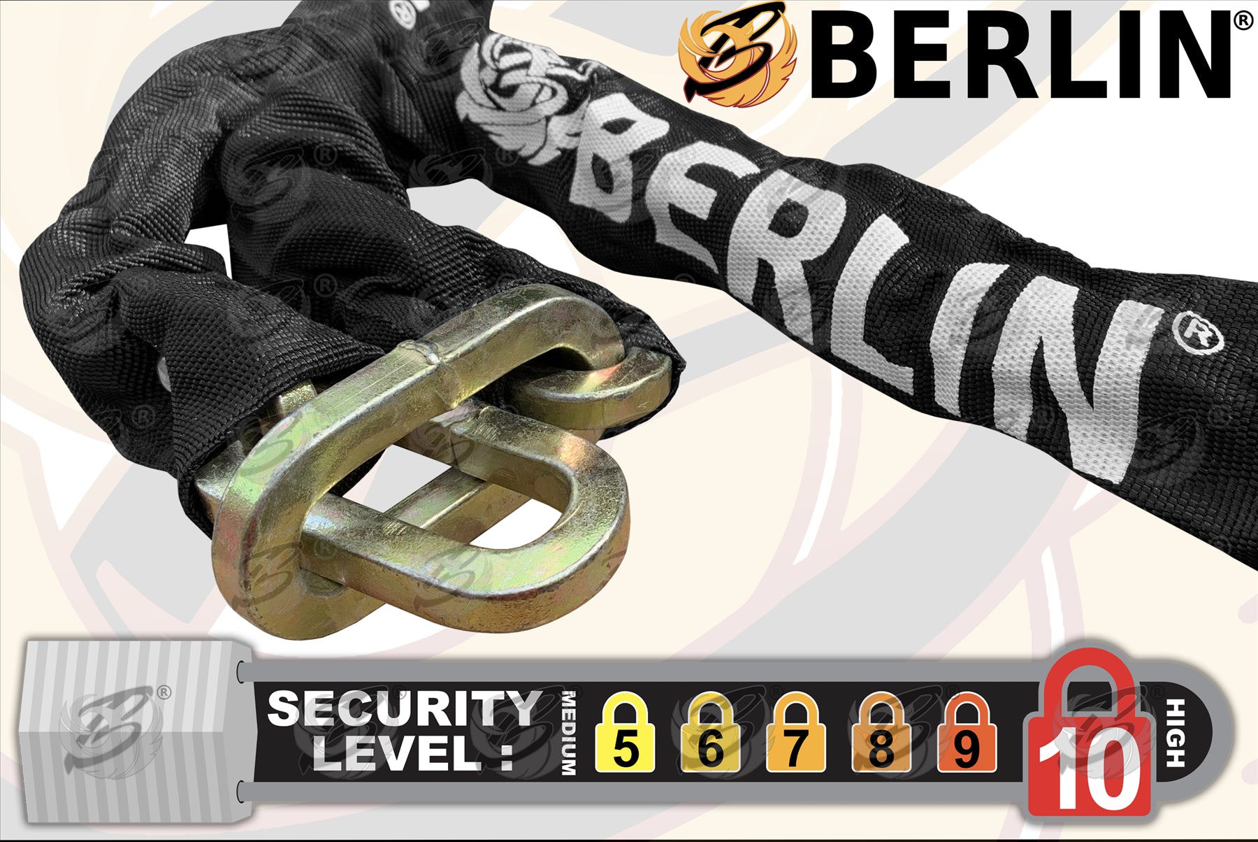 BERLIN 6FT LONG 10MM LINKS SECURITY CHAIN WITH 94MM HIGH SECURITY PADLOCK