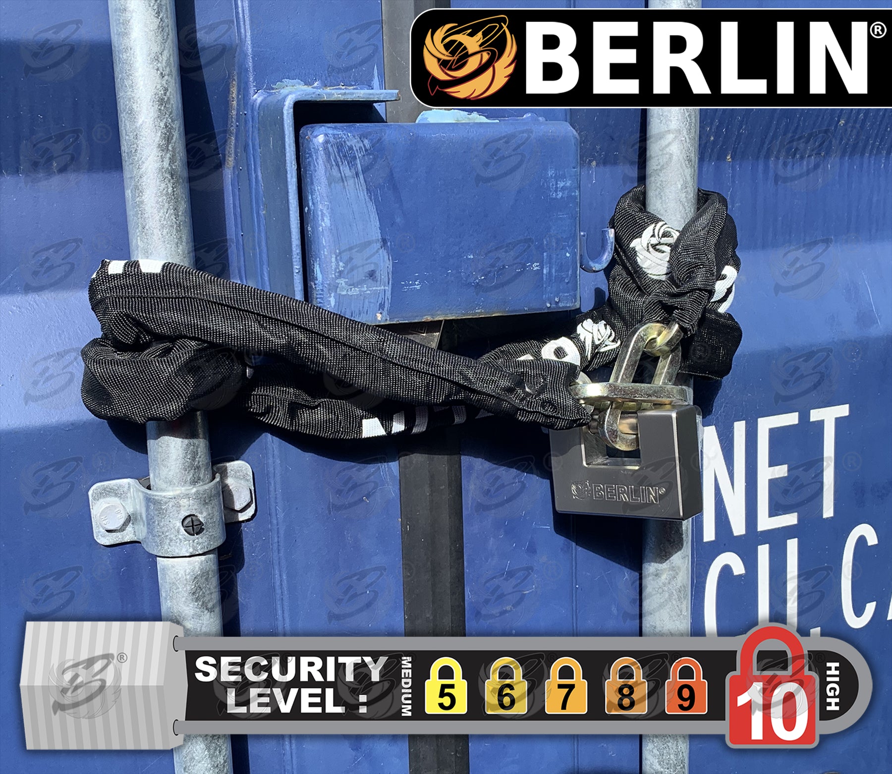 BERLIN 6FT LONG 10MM LINKS SECURITY CHAIN WITH 94MM HIGH SECURITY PADLOCK