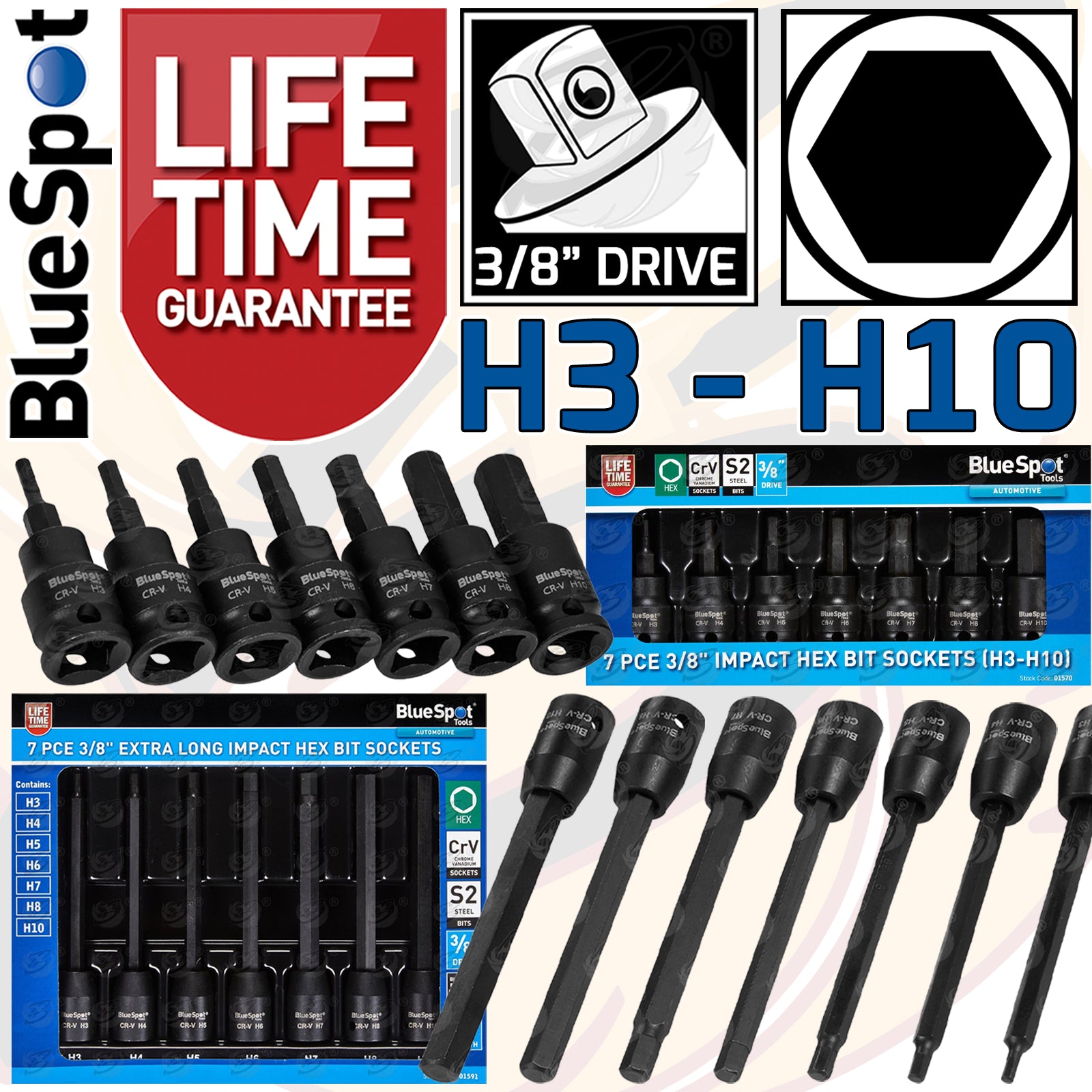 BLUESPOT 14PCS 3/8" DRIVE IMPACT HEX BIT SOCKET SET H3 - H10