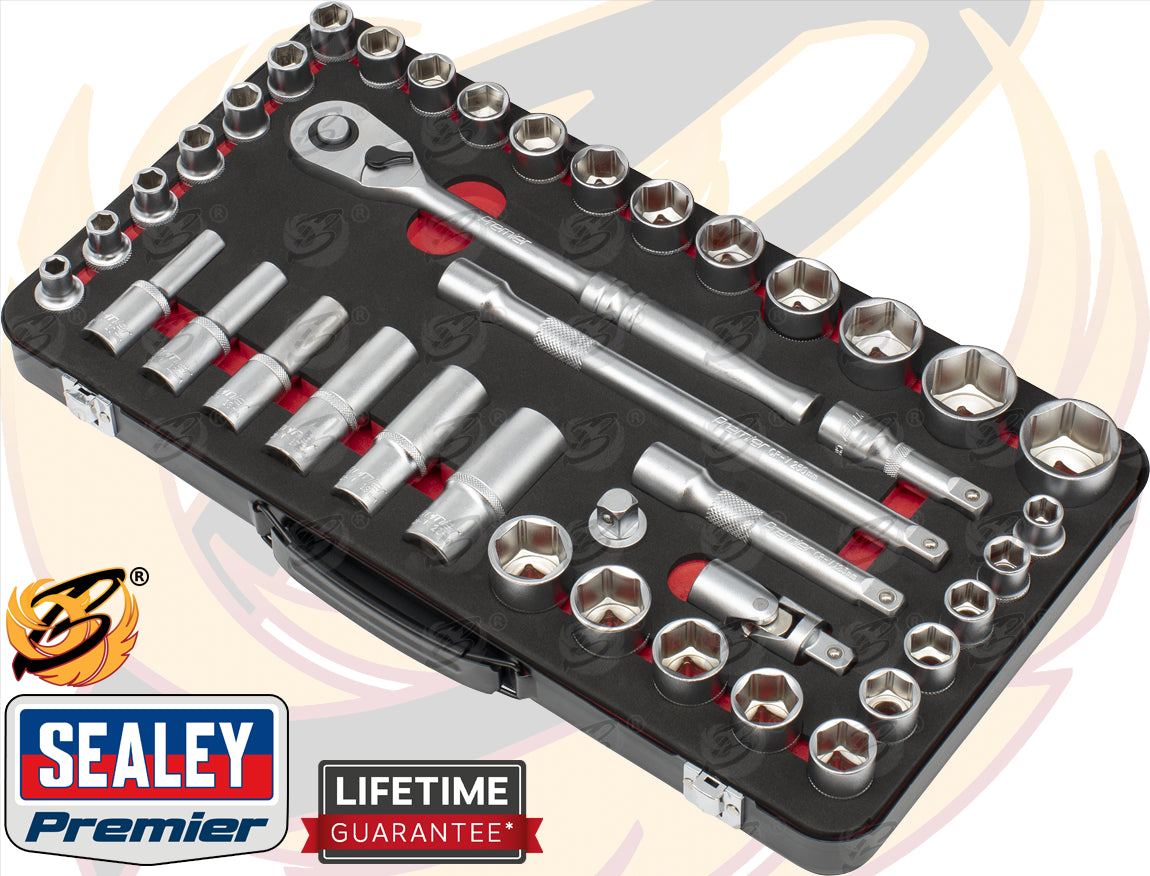 SEALEY 40PCS 1/2" DRIVE 6 POINT 90 TOOTH PREMIER PLATINUM SOCKET SET ( 8MM - 32MM & 7/16" - 1" )