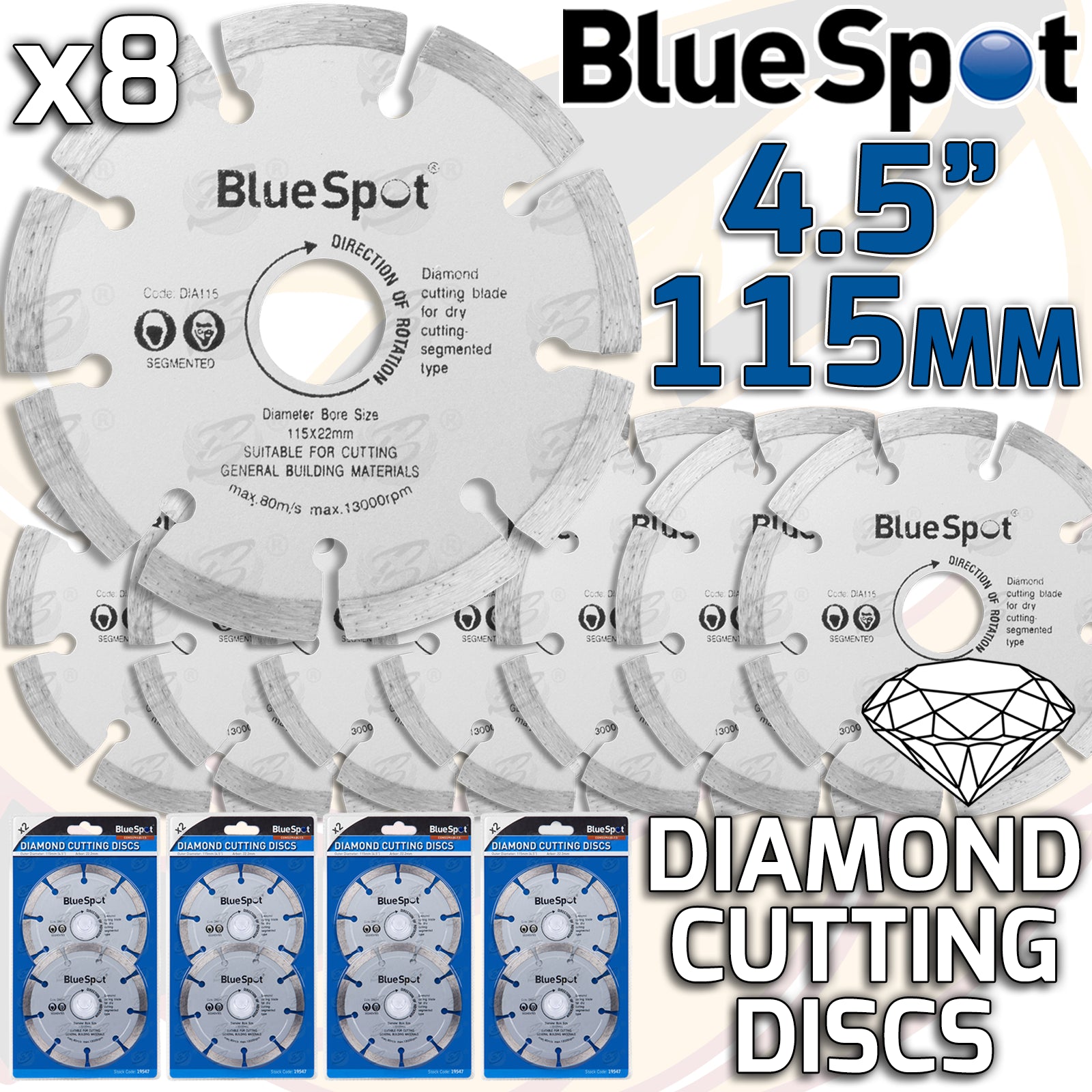 BLUESPOT 4.5" ( 115MM ) DIAMOND CUTTING DISCS ( X 8 )