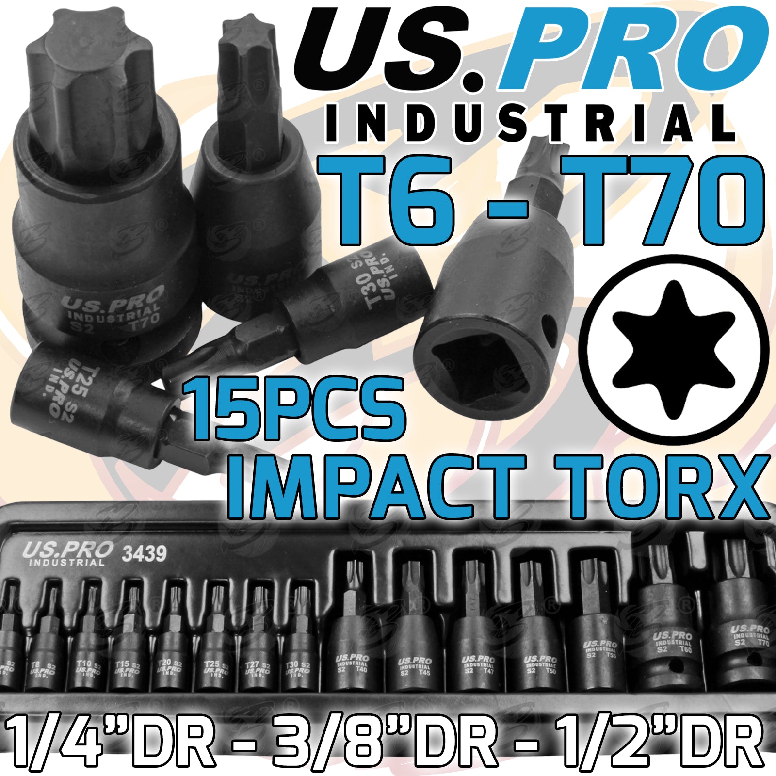 US PRO INDUSTRIAL 15PCS 1/4" & 3/8" & 1/2" DRIVE IMPACT TORX BIT SOCKETS T6 - T70