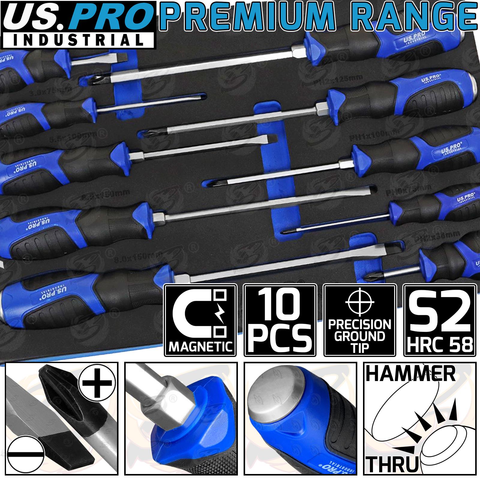US PRO INDUSTRIAL 10PCS MAGNETIC GO THROUGH SCREWDRIVER SET ( SLOTTED - PHILLIPS )
