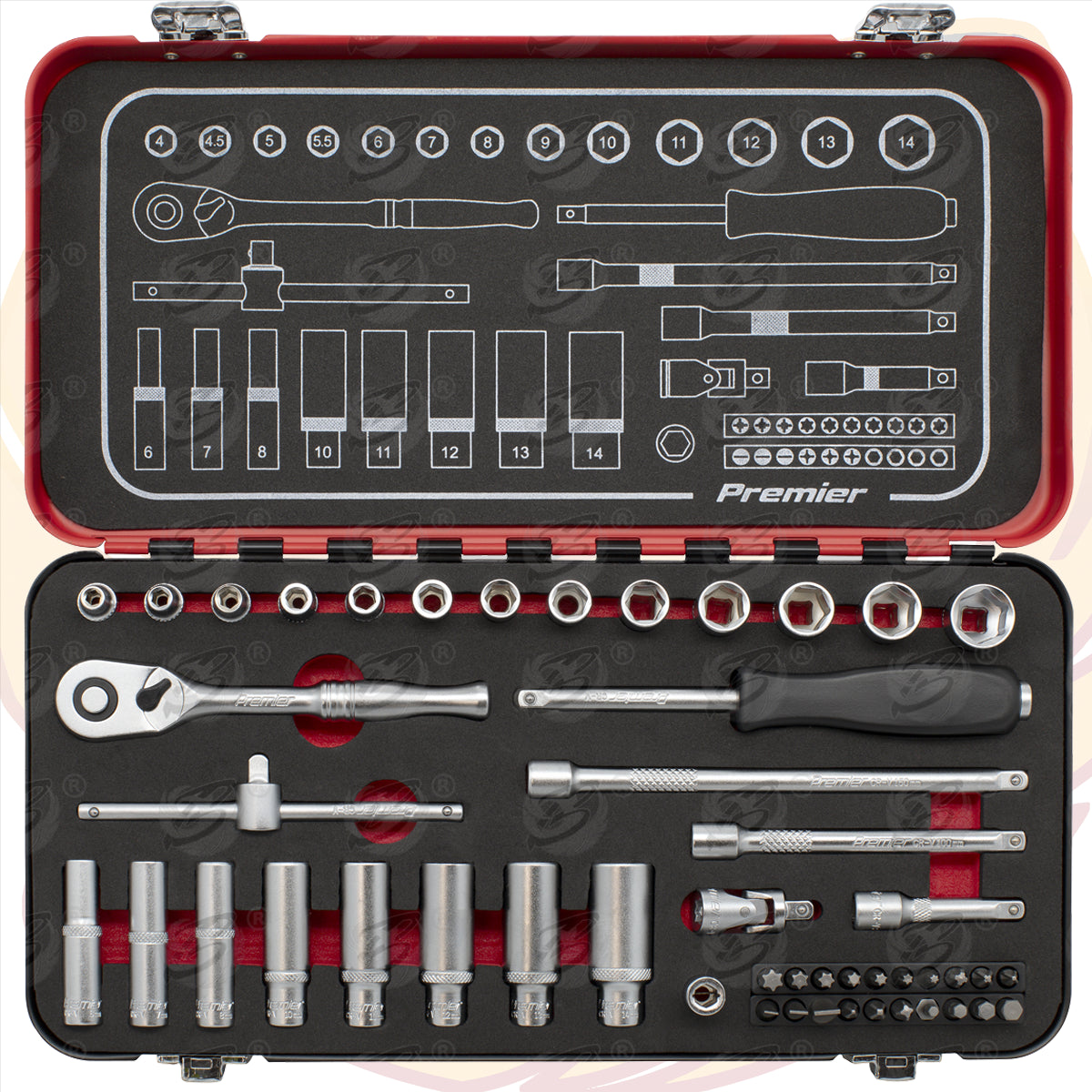 SEALEY 49PCS 1/4" DRIVE 6 POINT 90 TOOTH PREMIER PLATINUM SOCKET SET 4MM - 14MM