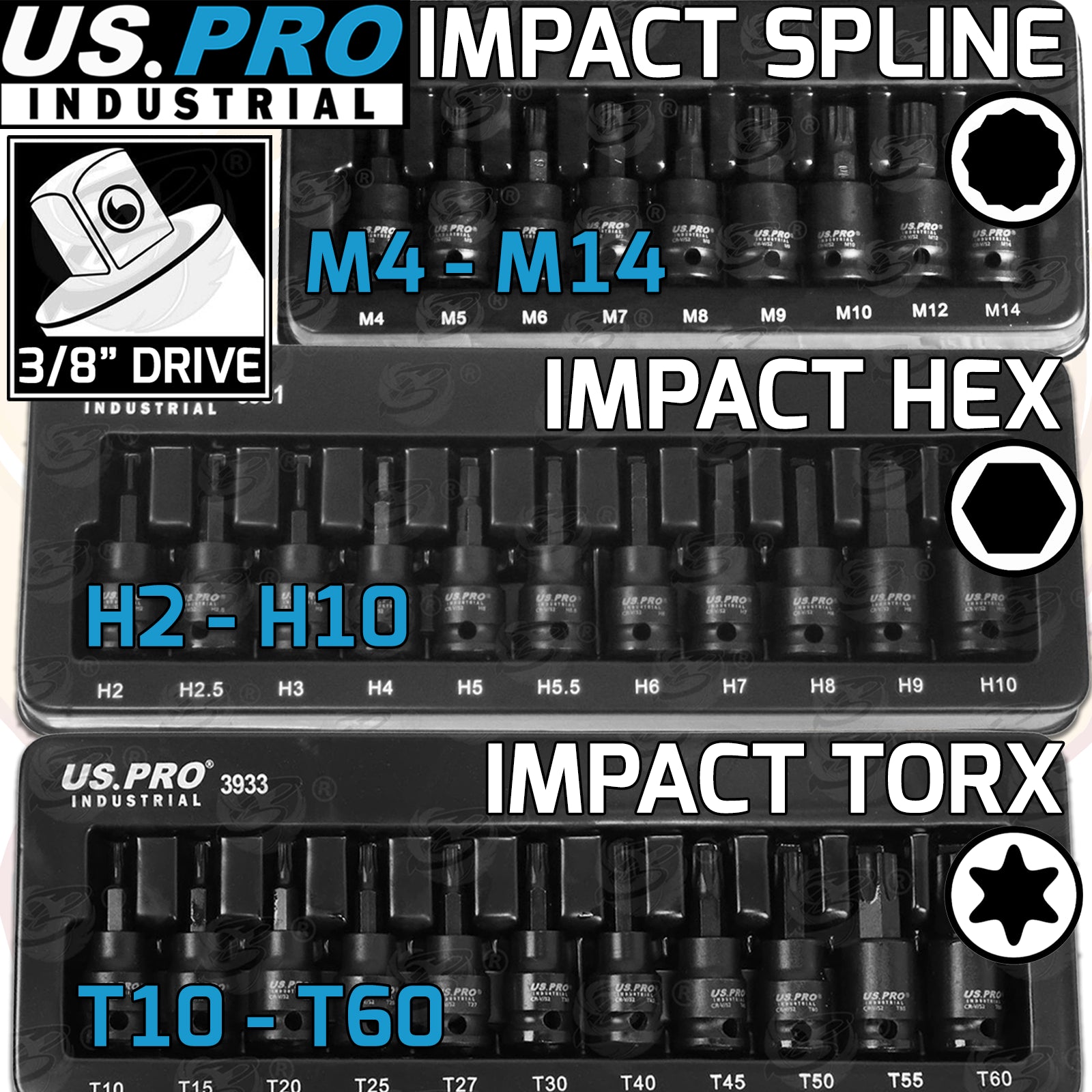 US PRO 31PCS 3/8" DRIVE IMPACT HEX - TORX - SPLINE BIT SOCKETS