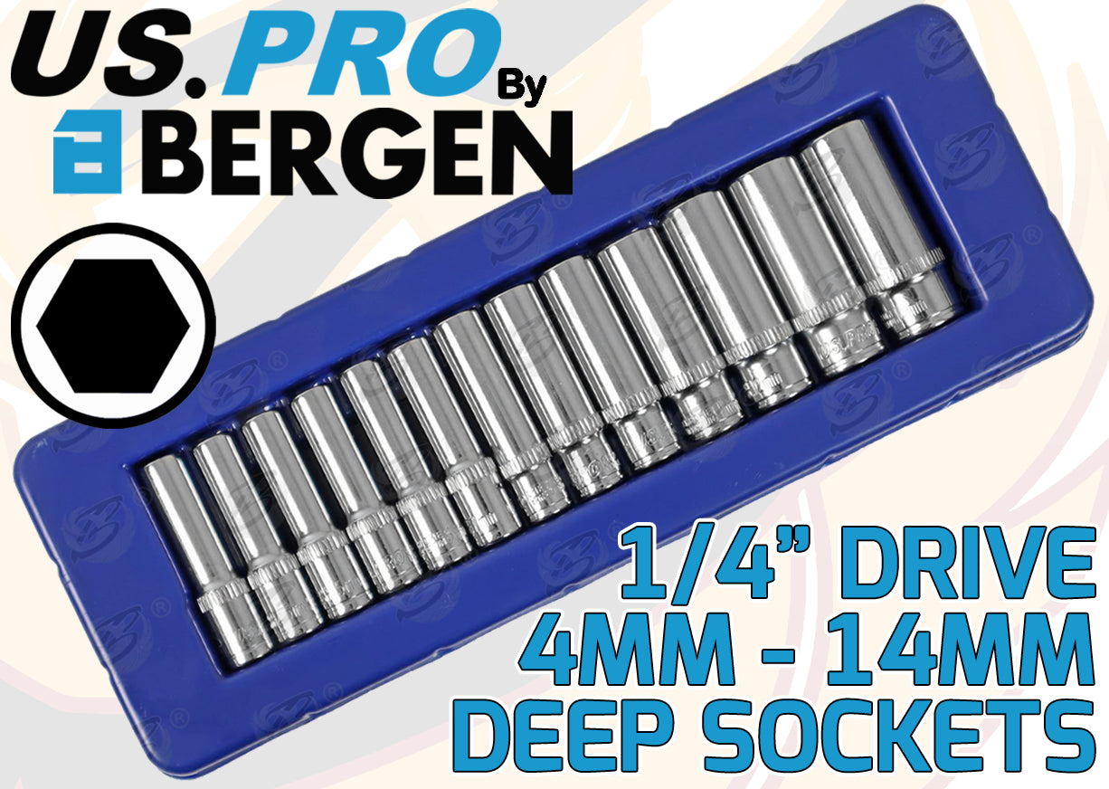 US PRO 27PCS 1/4" DRIVE 6 POINT DEEP & SHALLOW SOCKETS 4MM - 14MM & RATCHET HANDLE