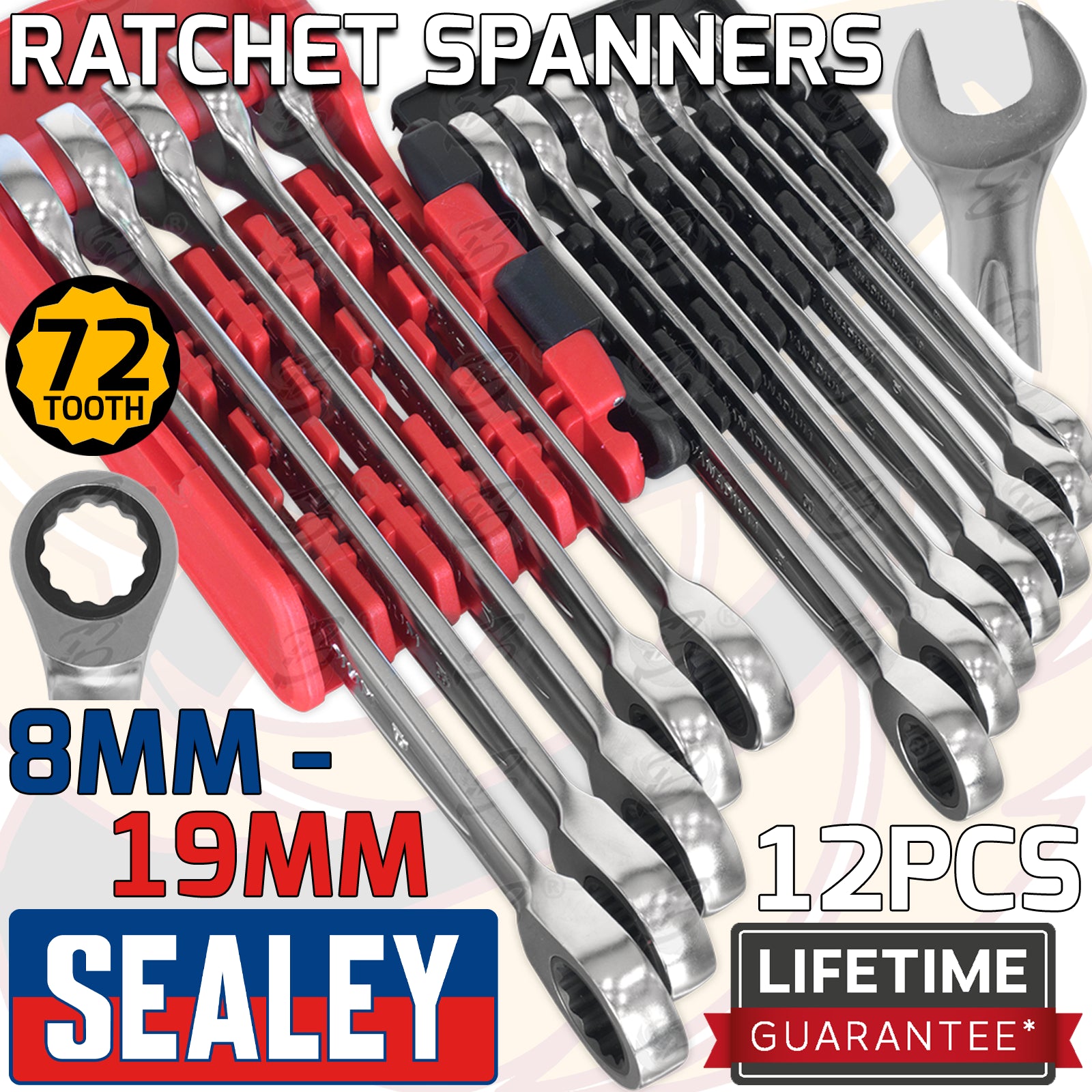 SEALEY 12PCS COMBINATION RATCHET SPANNER SET 8MM - 19MM