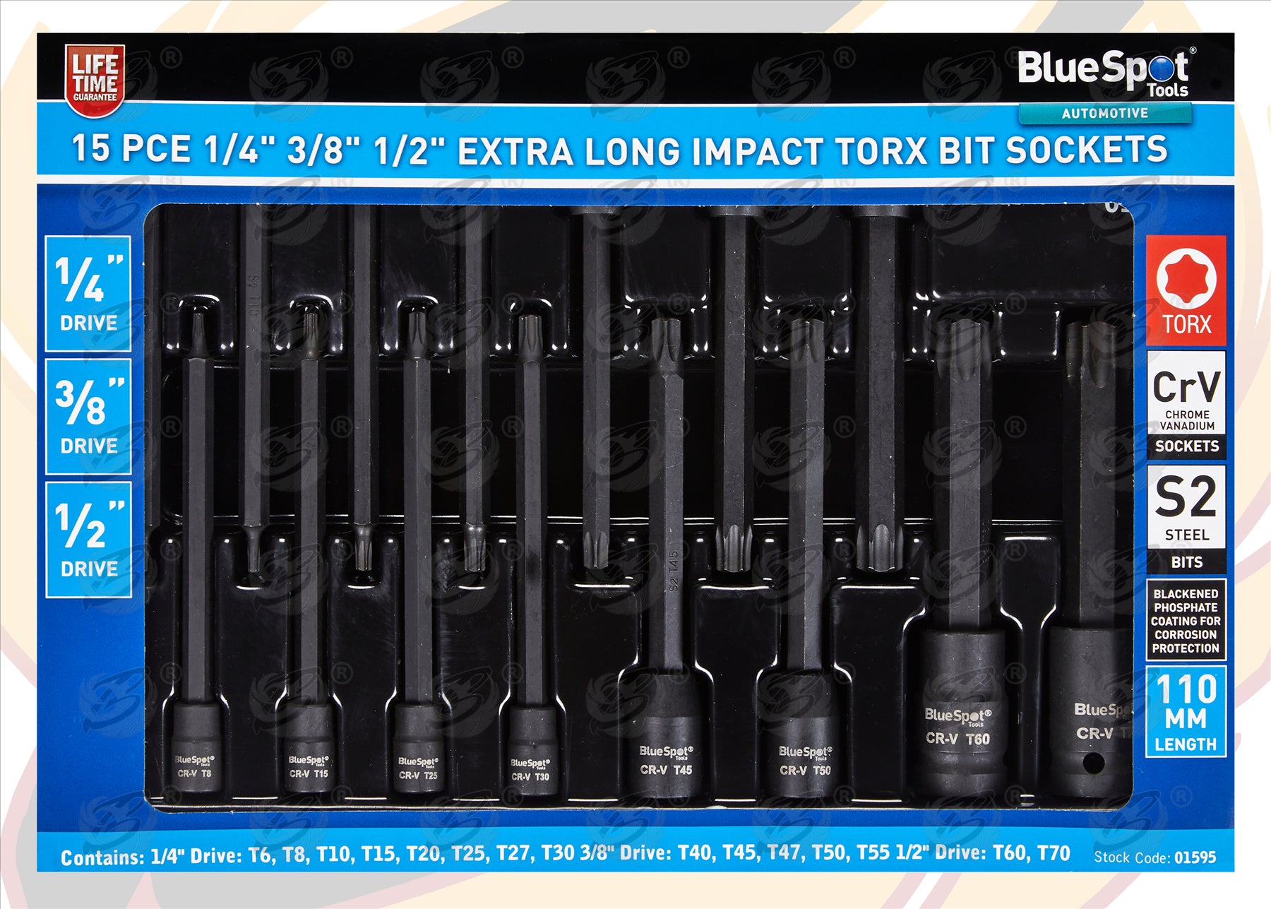 BLUESPOT 15PCS 1/4" & 3/8" & 1/2" DRIVE EXTRA LONG IMPACT TORX BIT SOCKETS T6 - T70