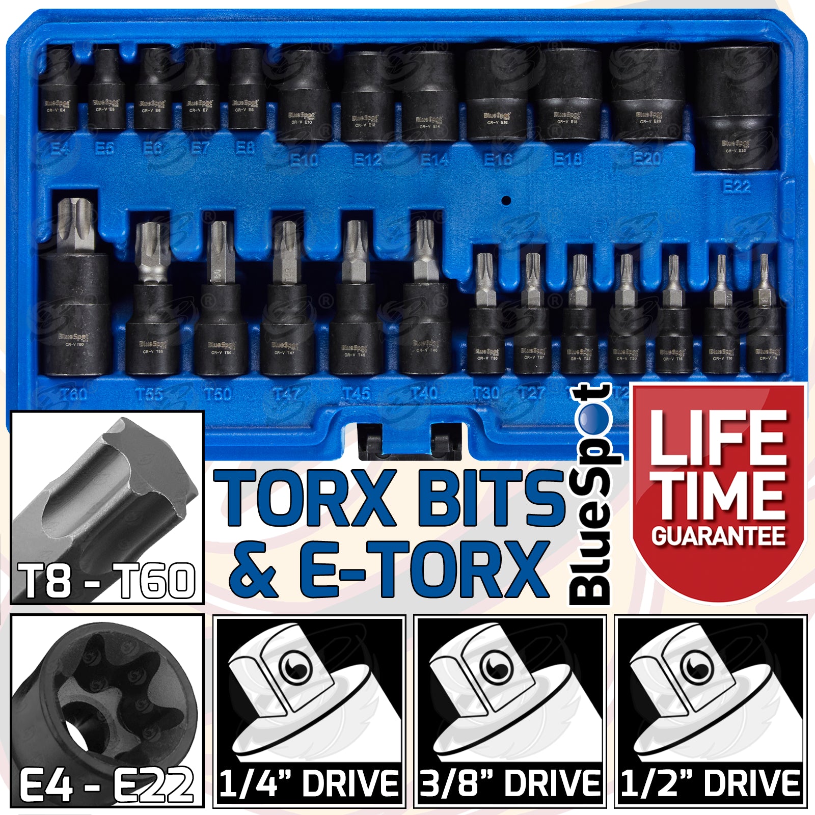 BLUESPOT 25PCS 1/4" & 3/8" & 1/2" DRIVE TORX & E - TORX SOCKETS ( E4 - E22 ) ( T8 - T60 )
