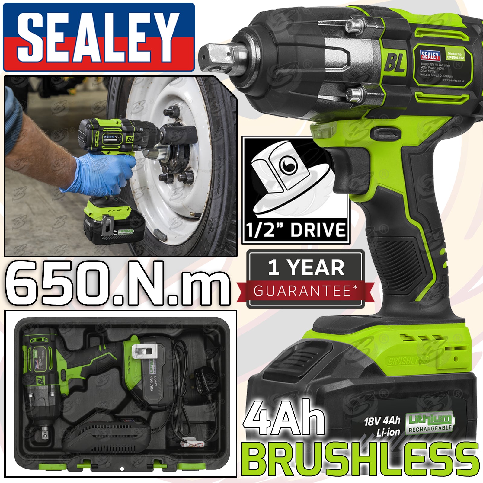 SEALEY 18V 4Ah 1/2" DRIVE BRUSHLESS IMPACT WRENCH 650Nm & 16PCS 6 POINT DEEP IMPACT SOCKETS 10MM - 32MM