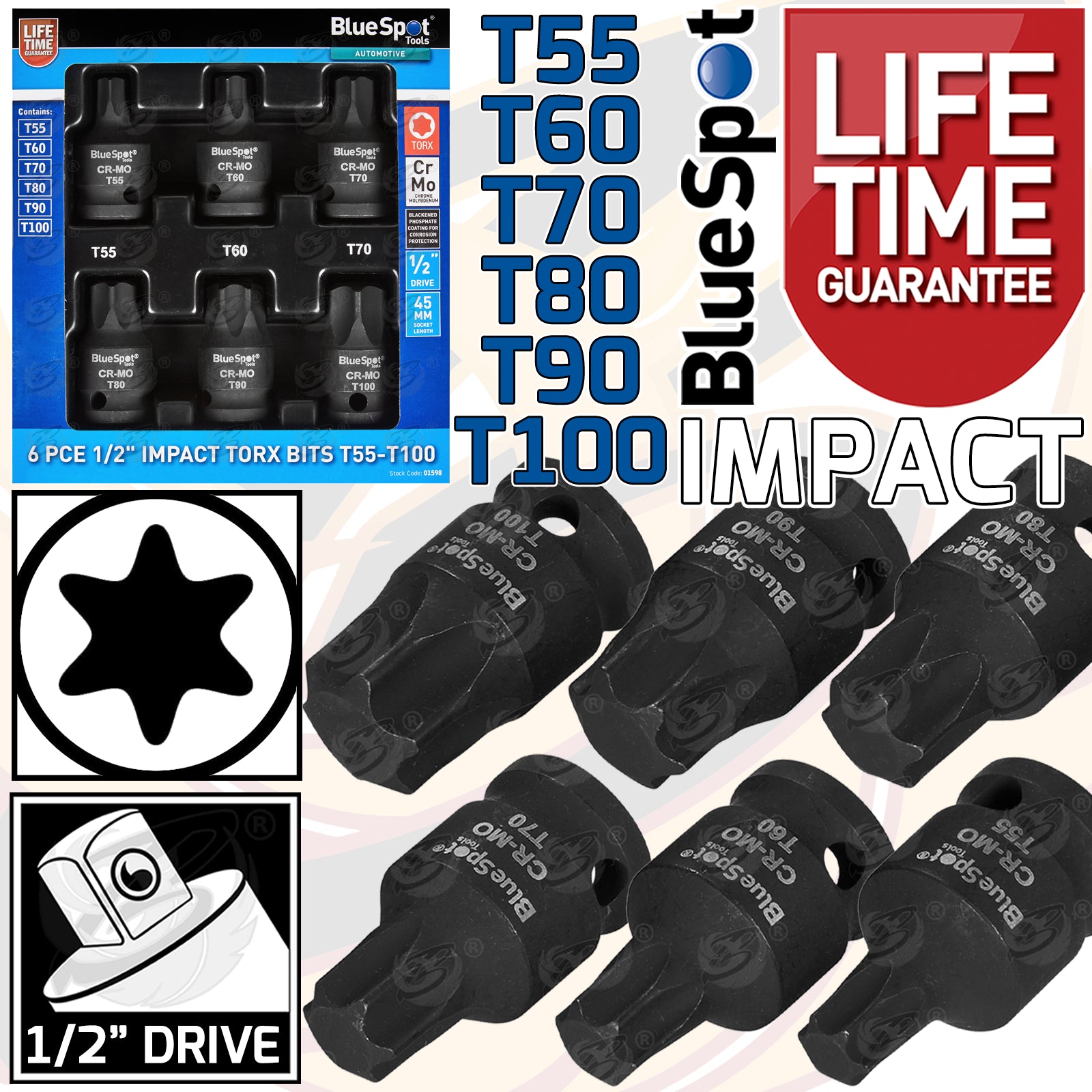 BLUESPOT 6PCS 1/2" DRIVE IMPACT TORX BIT SOCKETS T55 - T100