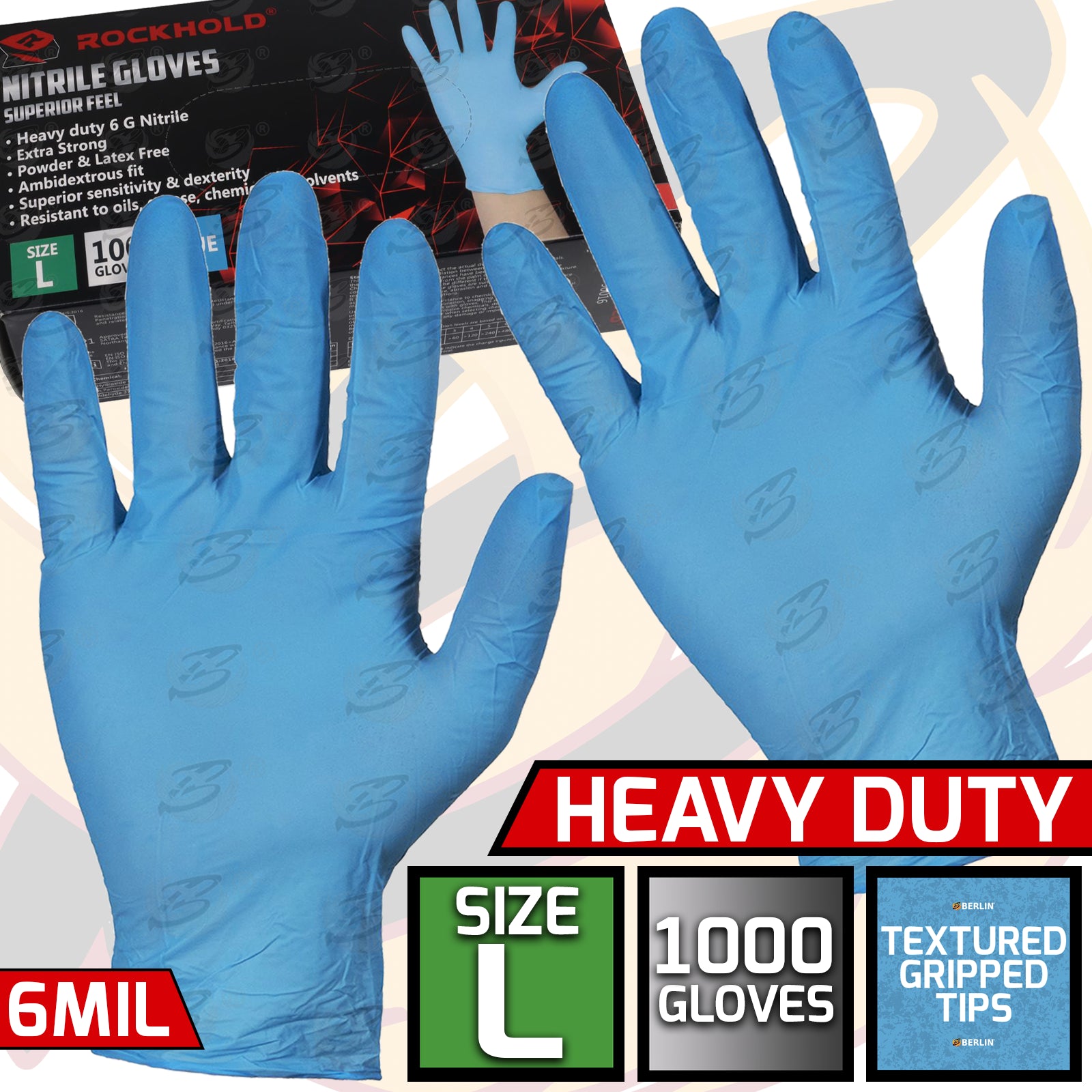 ROCKHOLD HEAVY DUTY BLUE 6 MIL NITRILE TEXTURED TIP GLOVES ( LARGE - 1000 GLOVES )