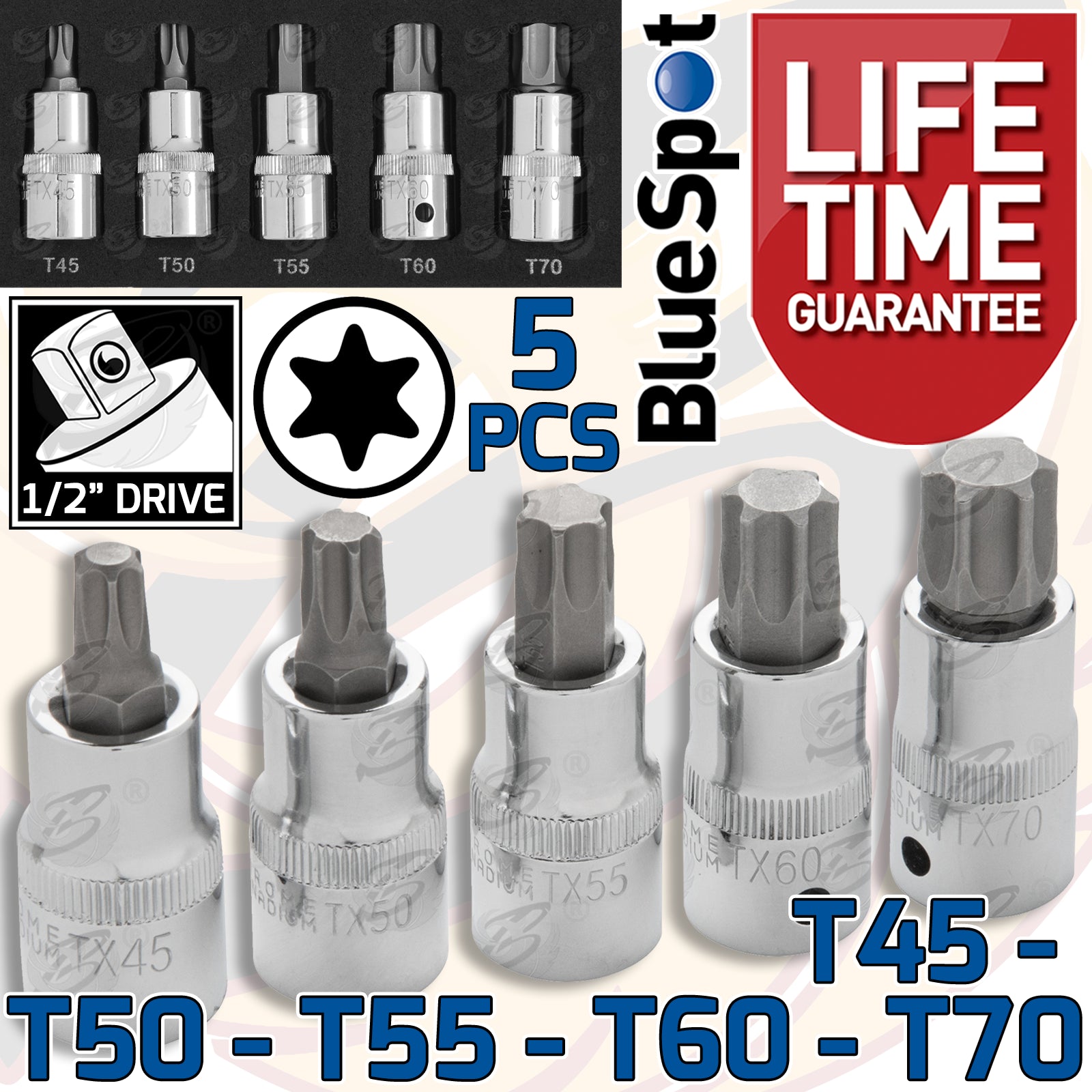 BLUESPOT 5PCS 1/2" DRIVE TORX BIT SOCKETS ( T45 - T70 )