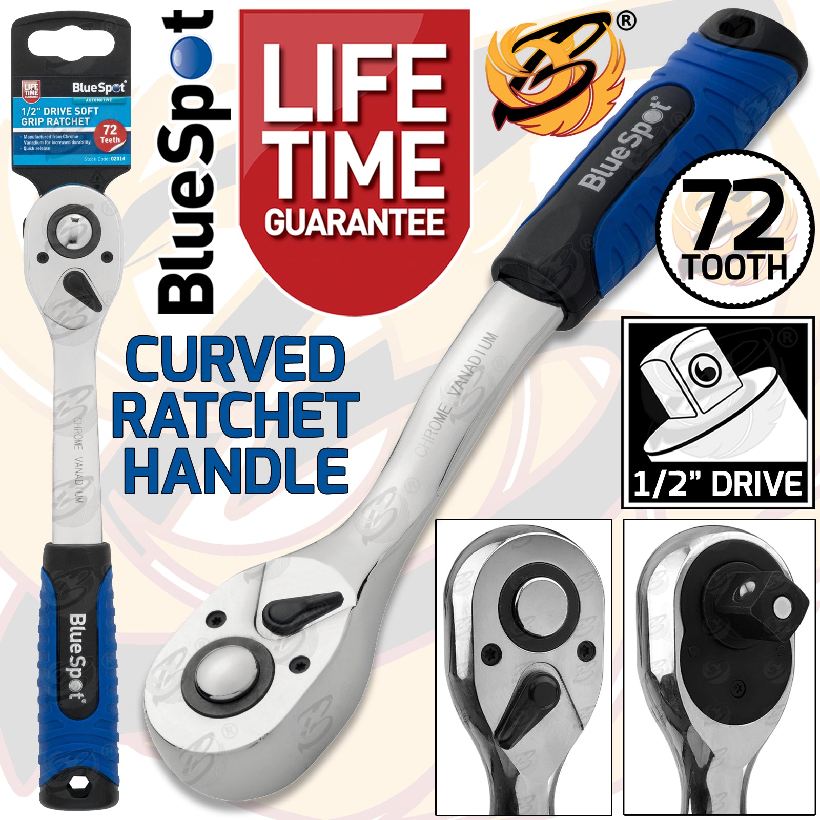 BLUESPOT 1/2" DRIVE 72 TOOTH SOFT GRIP CURVED RATCHET HANDLE