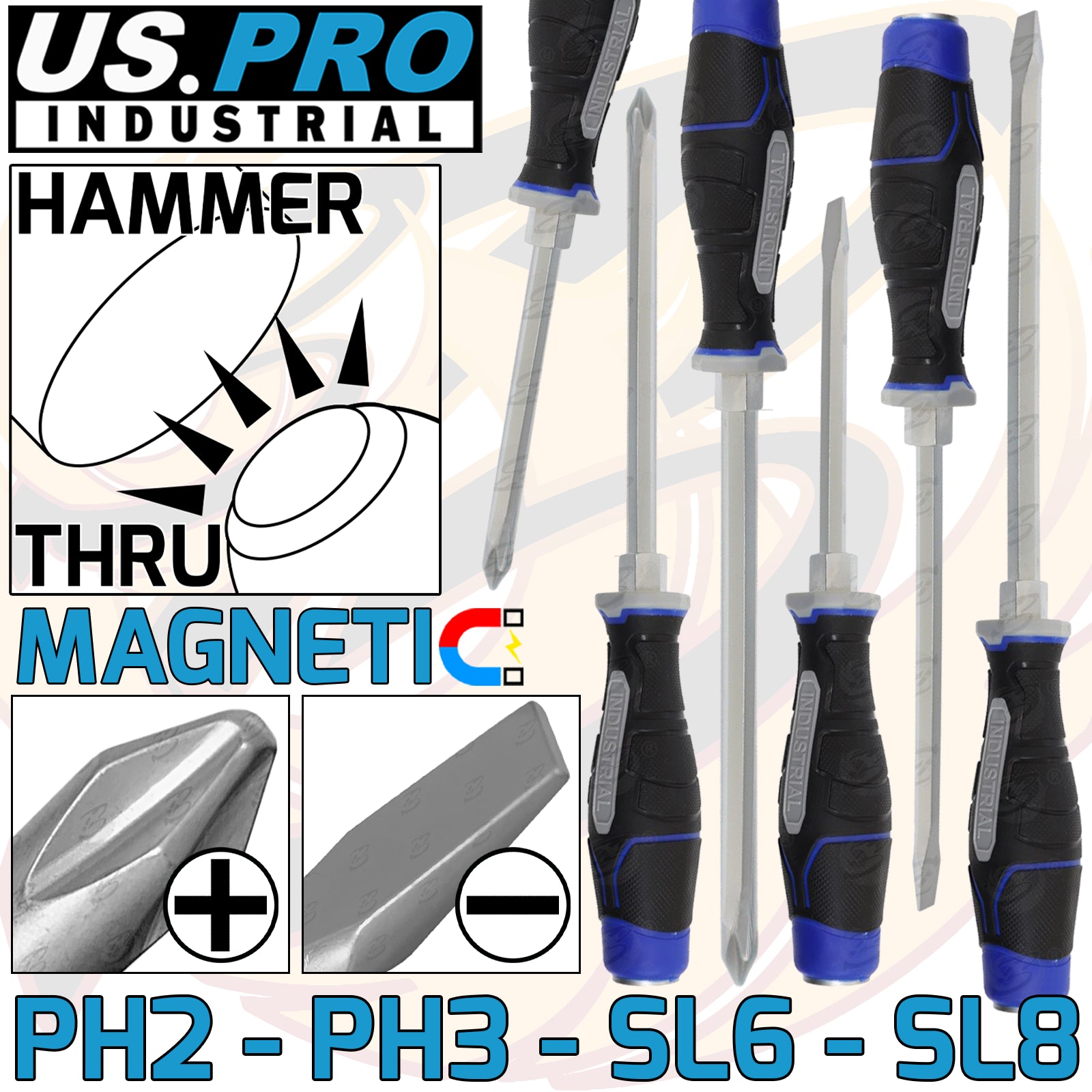 US PRO INDUSTRIAL 6PCS MAGNETIC SCREWDRIVER SET ( SLOTTED - PHILLIPS )
