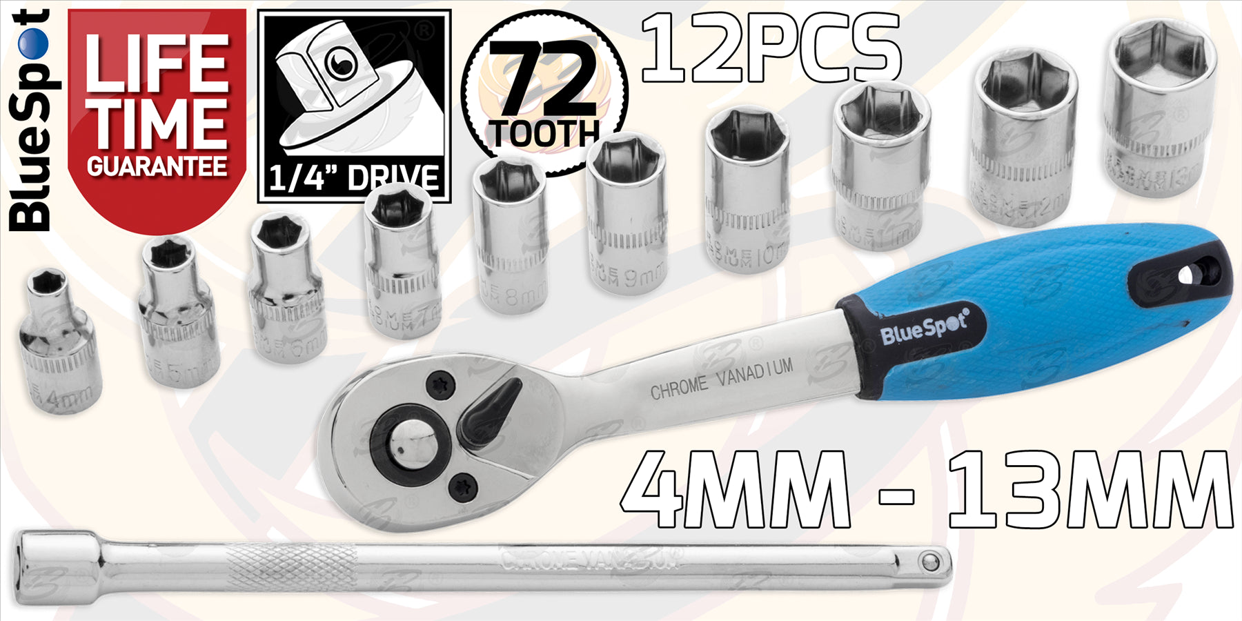 BLUESPOT 36PCS 1/4" & 3/8" & 1/2" DRIVE 6 POINT SHALLOW SOCKET SET 4MM - 24MM