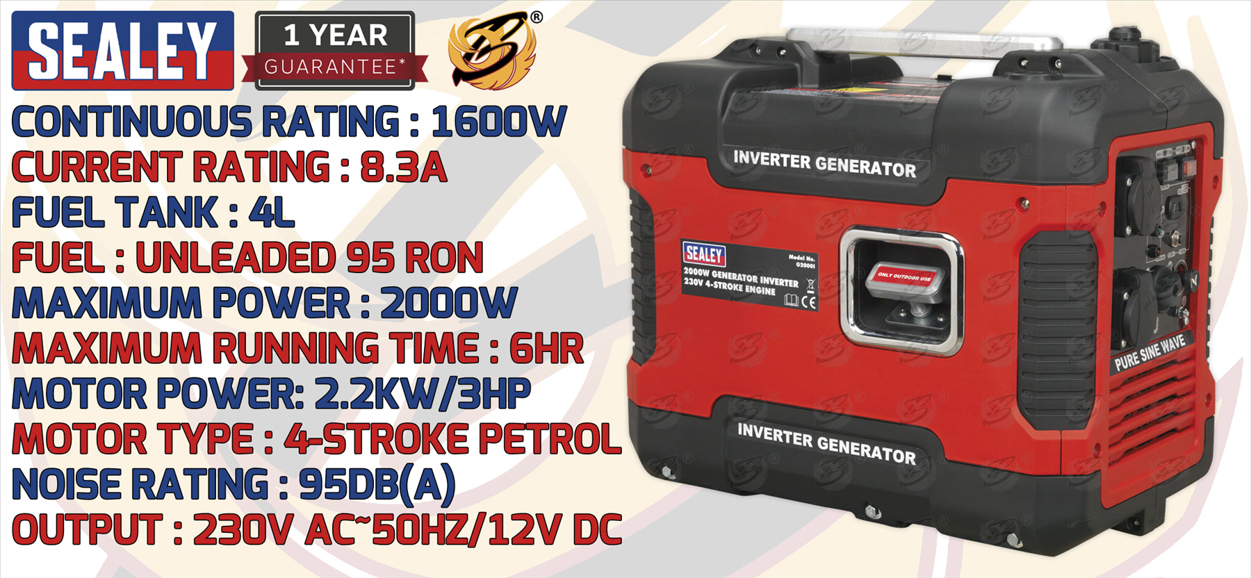 SEALEY INVERTER GENERATOR 2000W 230V 4-STROKE ENGINE