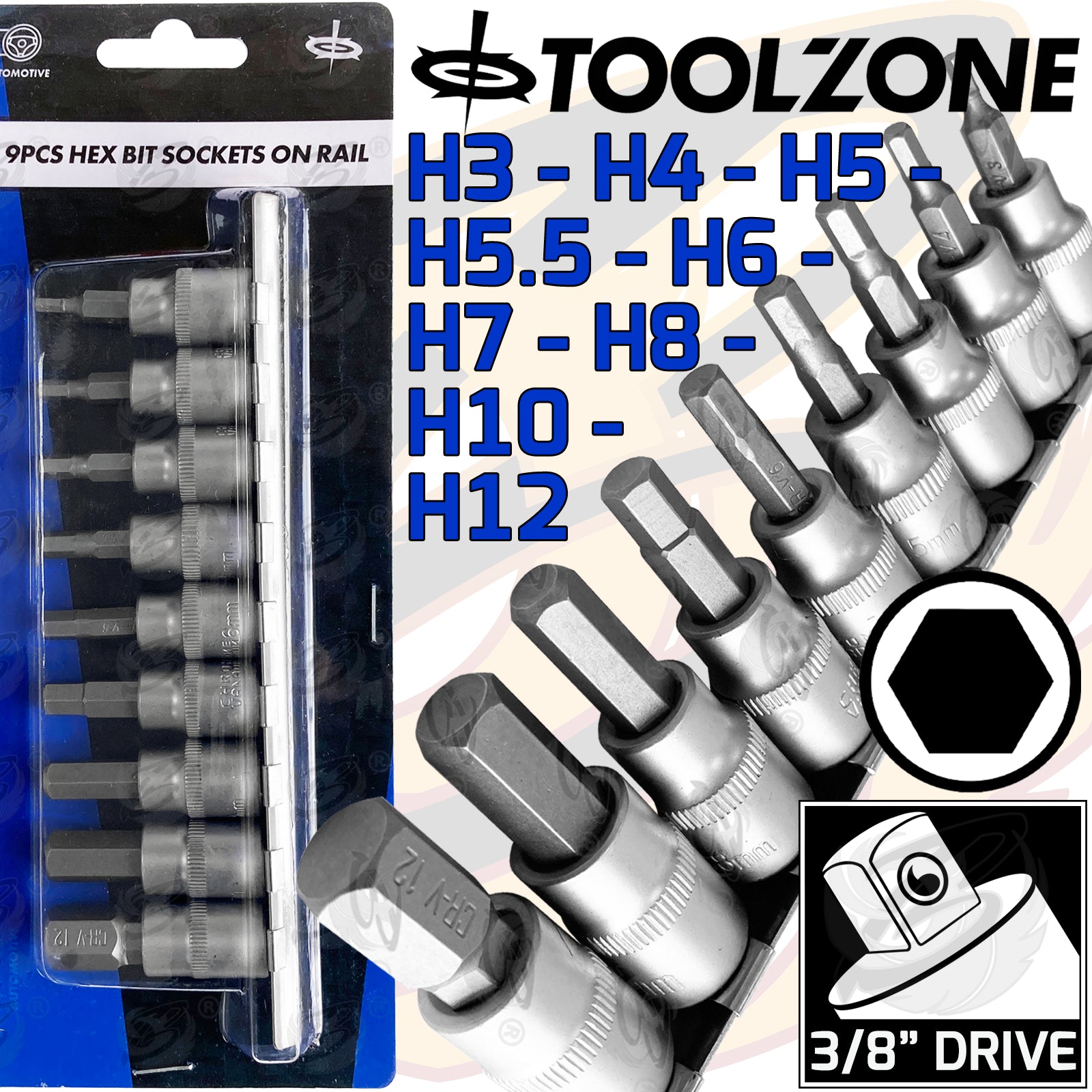 TOOLZONE 9PCS 3/8" DRIVE HEX BIT SOCKETS H3 - H12