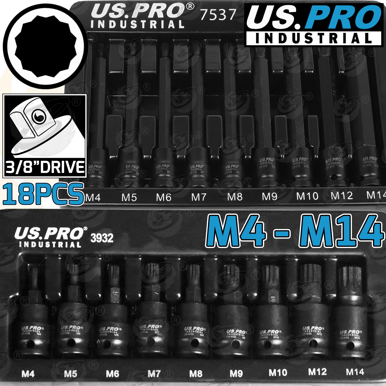 US PRO IMPACT 18PCS 3/8" DRIVE LONG & SHORT SPLINE BIT SOCKET SET M4 - M14