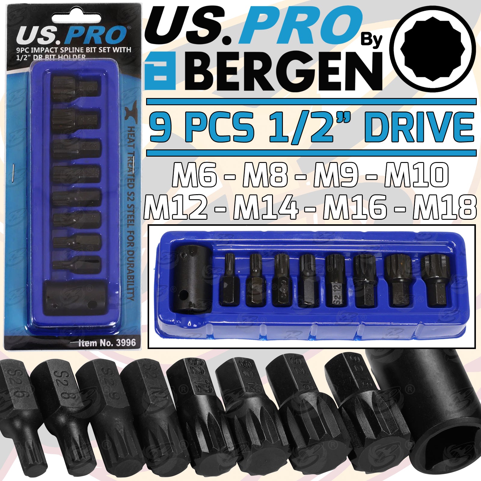 US PRO 9PCS 1/2" DRIVE IMPACT SPLINE BIT SOCKETS M6 - M18