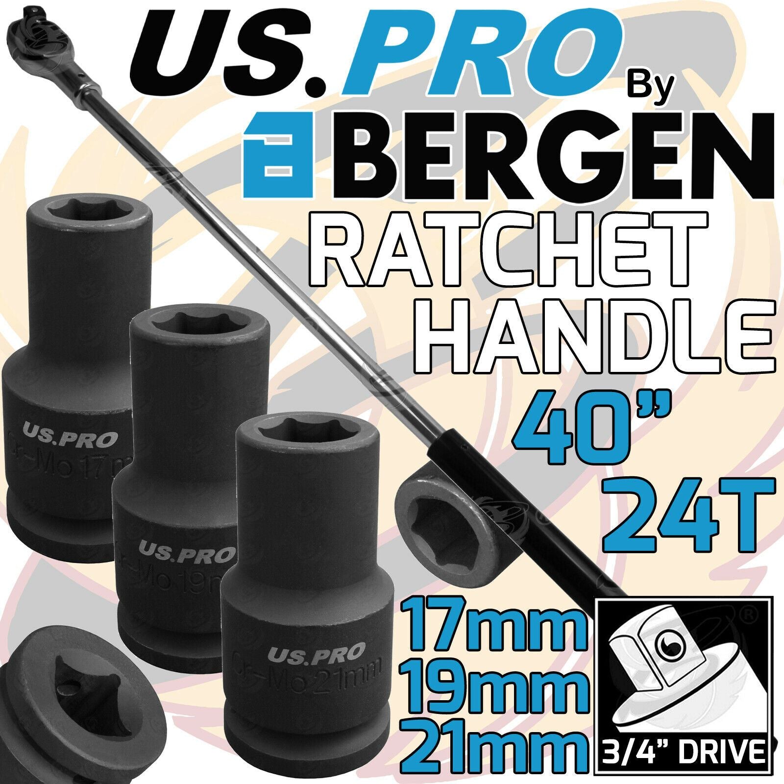 US PRO 3/4" DRIVE 24 TOOTH 1000MM LONG RATCHET HANDLE & 17MM - 19MM - 21MM 6 POINT DEEP IMPACT SOCKET