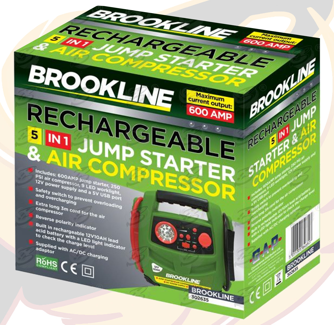 BROOKLINE 600AMP RECHARGEABLE JUMP STARTER & COMPRESSOR ( 5 IN 1 )