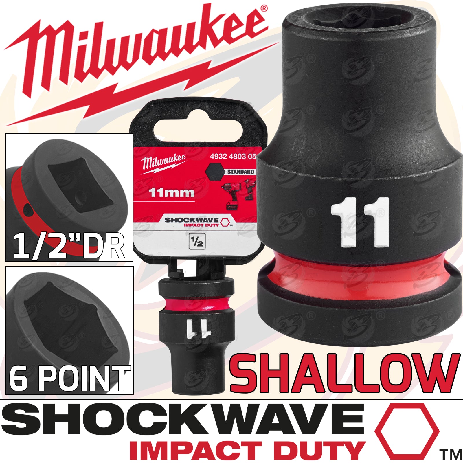 MILWAUKEE 11MM 1/2" DRIVE 6 POINT SHALLOW IMPACT SOCKET ( SINGLE )