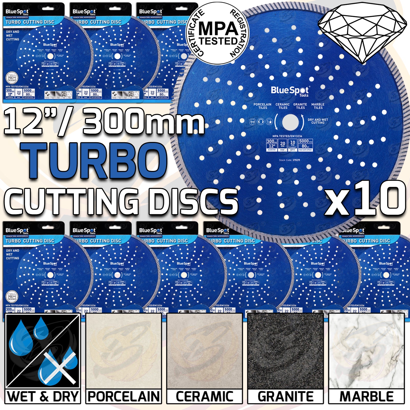 BLUESPOT 12" / 300MM TURBO DIAMOND CUTTING DISC ( X 10 )