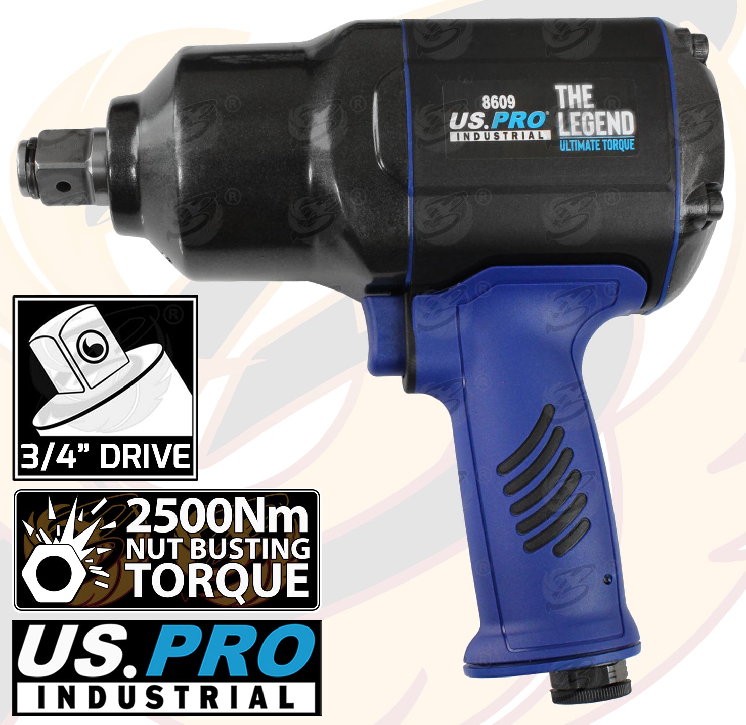 US PRO 3/4" DRIVE AIR IMPACT WRENCH 2500Nm ( THE LEGEND ) & 17MM - 19MM - 21MM DEEP IMPACT SOCKETS
