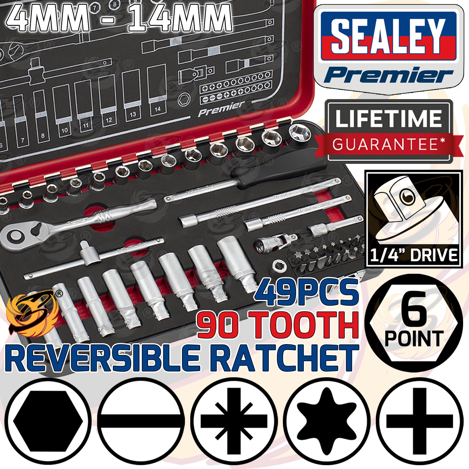 SEALEY 49PCS 1/4" DRIVE 6 POINT 90 TOOTH PREMIER PLATINUM SOCKET SET 4MM - 14MM