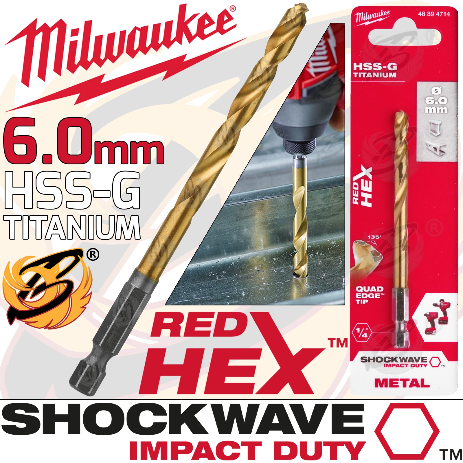 MILWAUKEE 6MM HSS TITANIUM METAL RED HEX DRILL BIT