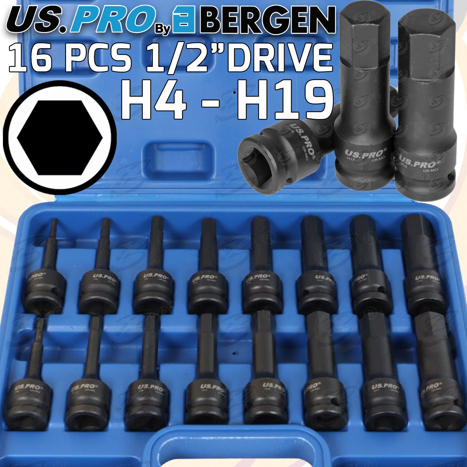 US PRO 16PCS 1/2" DRIVE IMPACT HEX BIT SOCKETS H4 - H19