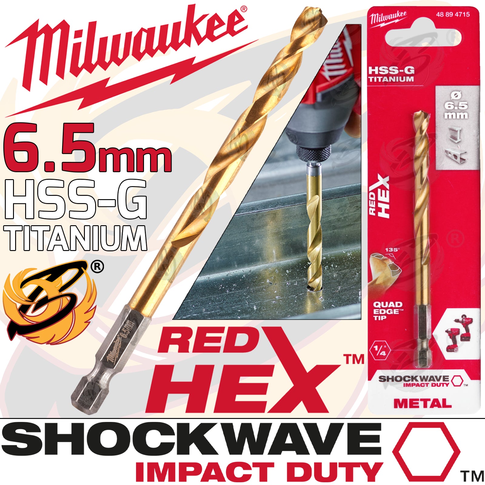 MILWAUKEE 6.5MM HSS TITANIUM METAL RED HEX DRILL BIT