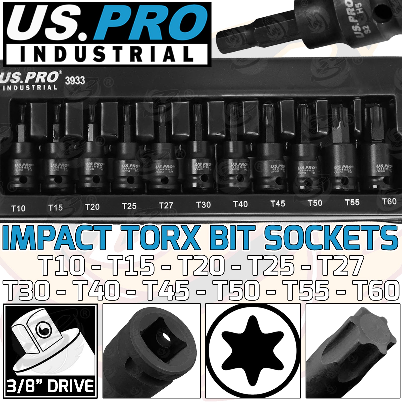 US PRO INDUSTRIAL 11PCS 3/8" DRIVE IMPACT TORX BIT SOCKETS T10 - T60