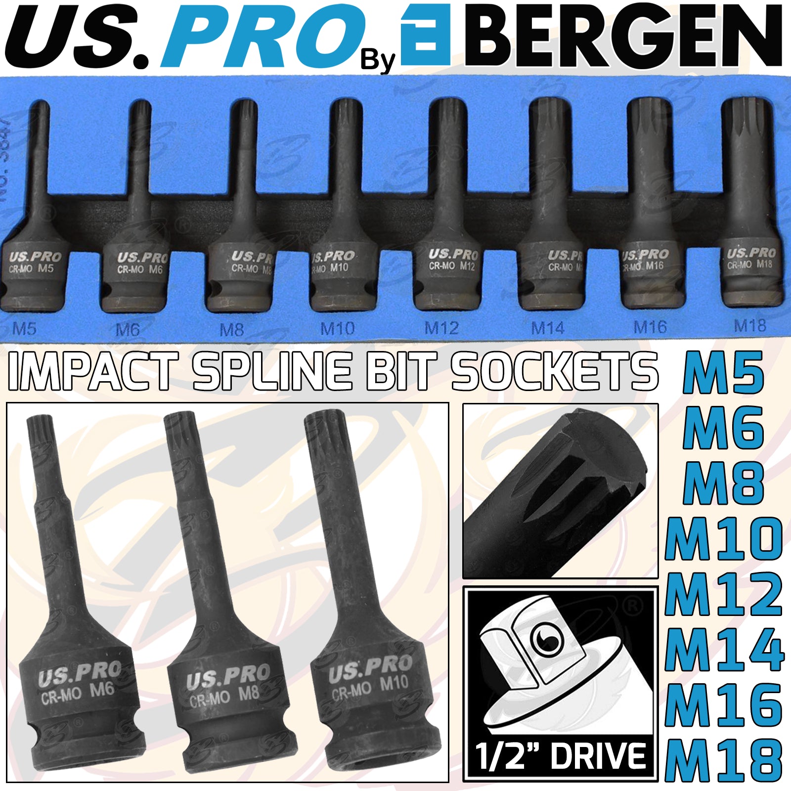 US PRO 8PCS 1/2" DRIVE IMPACT SPLINE BIT SOCKETS M5 - M18