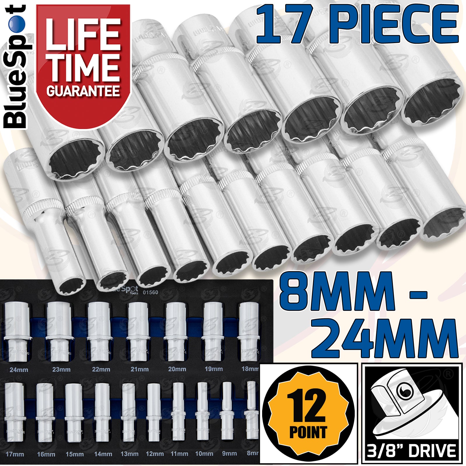 BLUESPOT 17PCS 3/8" DRIVE 12 POINT DEEP SOCKETS 8MM - 24MM