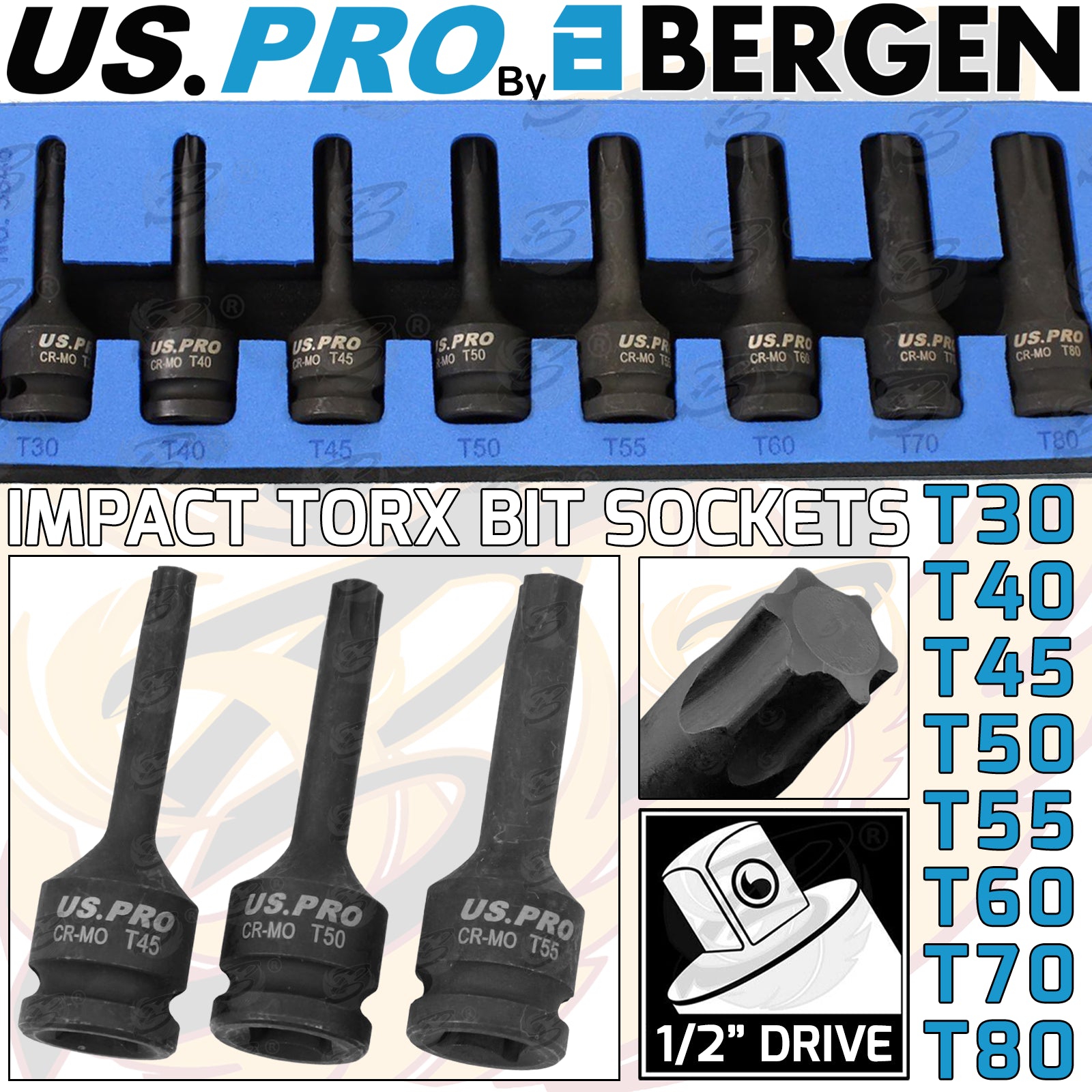 US PRO 8PCS 1/2" DRIVE IMPACT TORX BIT SOCKETS T30 - T80