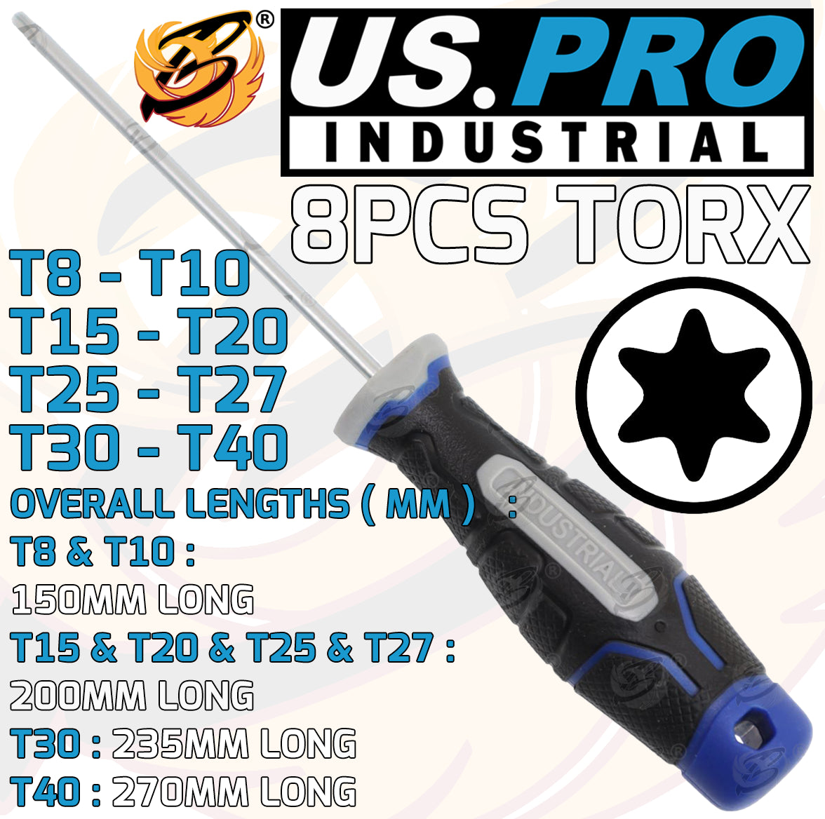 US PRO INDUSTRIAL 8PCS MAGNETIC TORX SCREWDRIVER SET T8 - T40