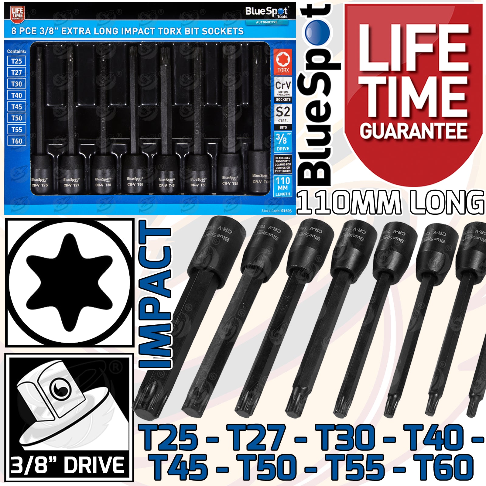 BLUESPOT 8PCS 3/8" DRIVE EXTRA LONG IMPACT TORX BIT SOCKETS T25 - T60