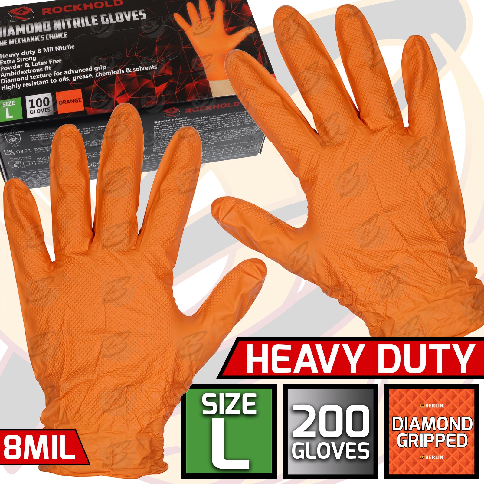 ROCKHOLD HEAVY DUTY ORANGE 8 MIL NITRILE DIAMOND GRIP GLOVES ( LARGE - 200 GLOVES )