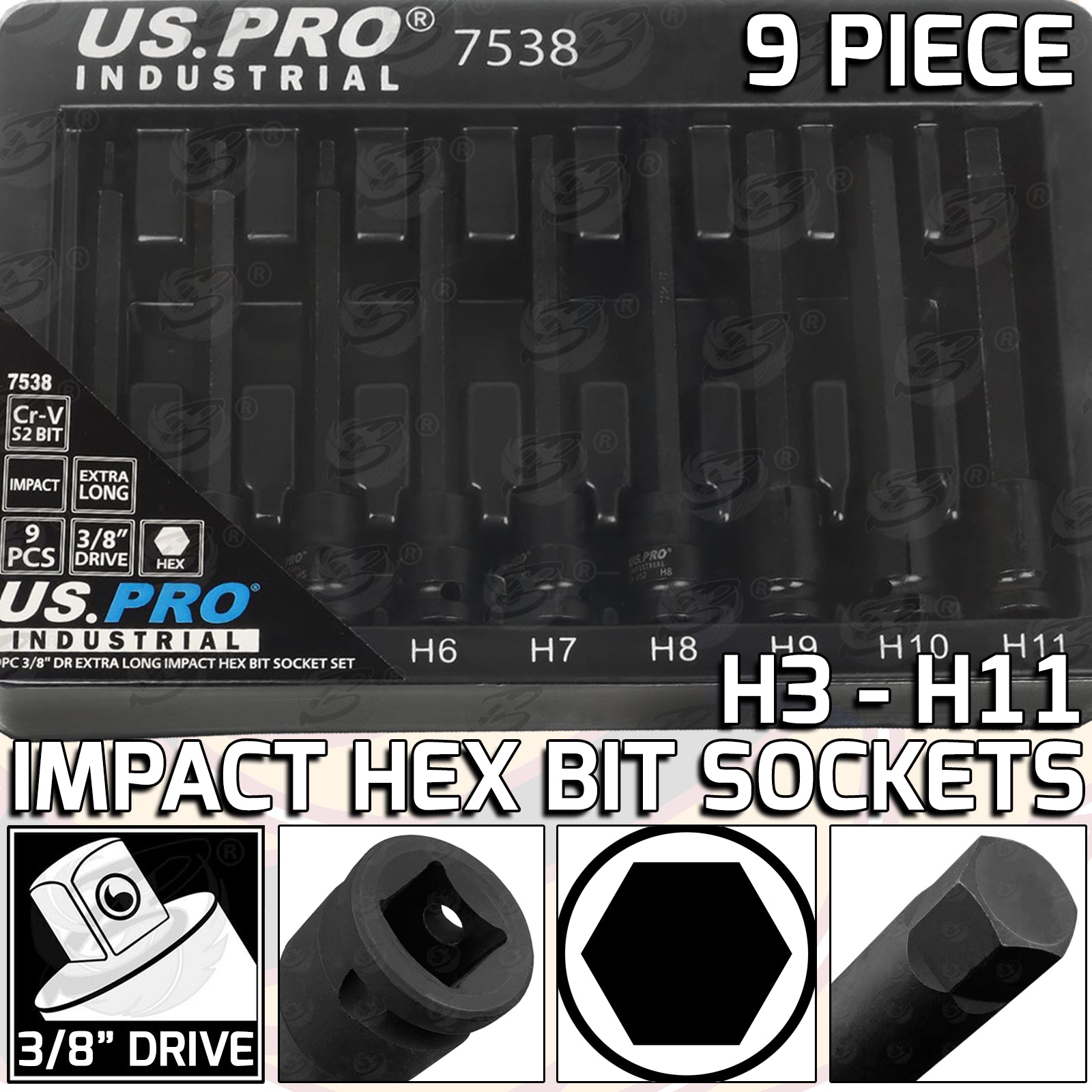 US PRO INDUSTRIAL 9PCS 3/8" DRIVE EXTRA LONG IMPACT HEX BIT SOCKETS H3 - H11