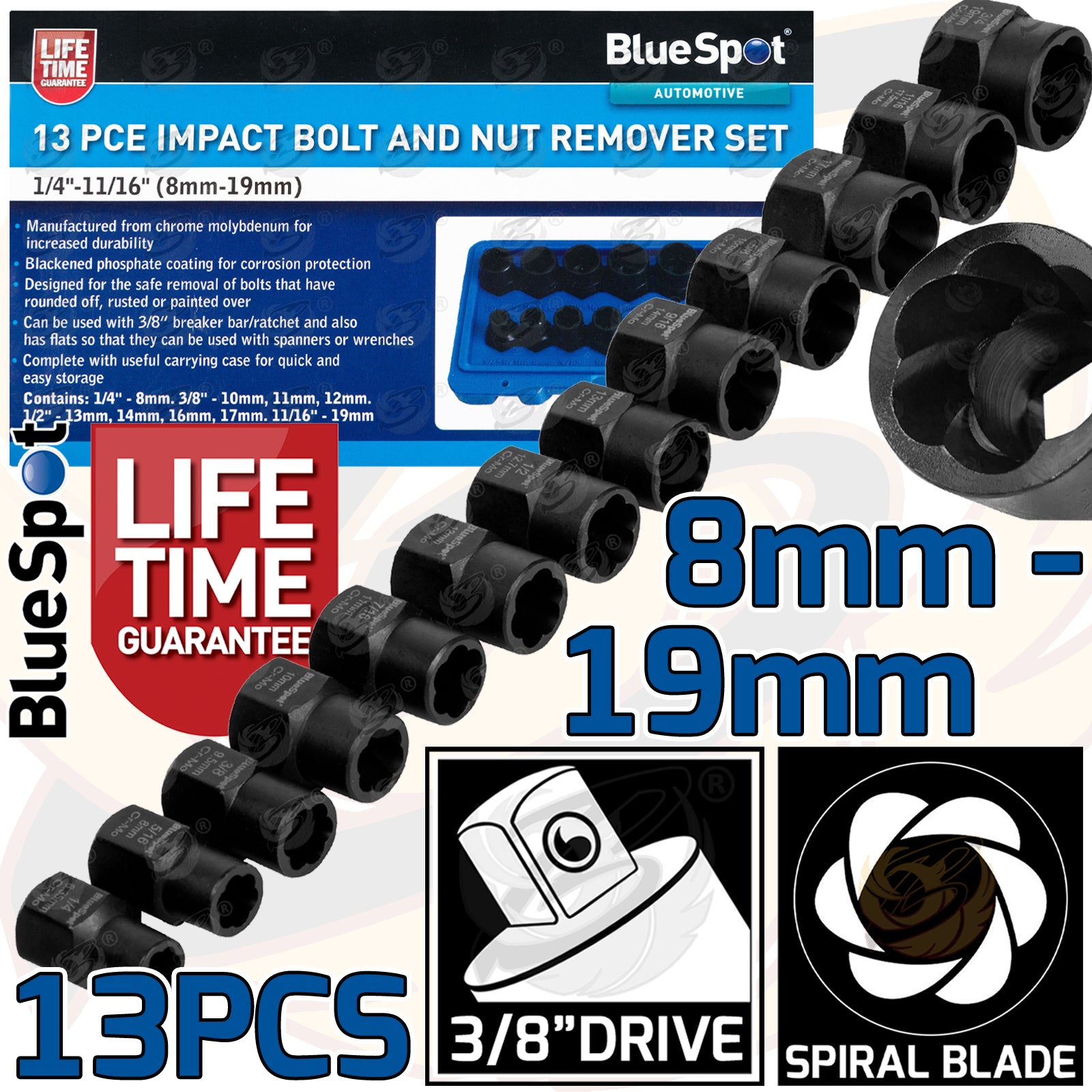 BLUESPOT 13PCS 3/8" DRIVE IMPACT TWIST SOCKETS 8MM - 19MM