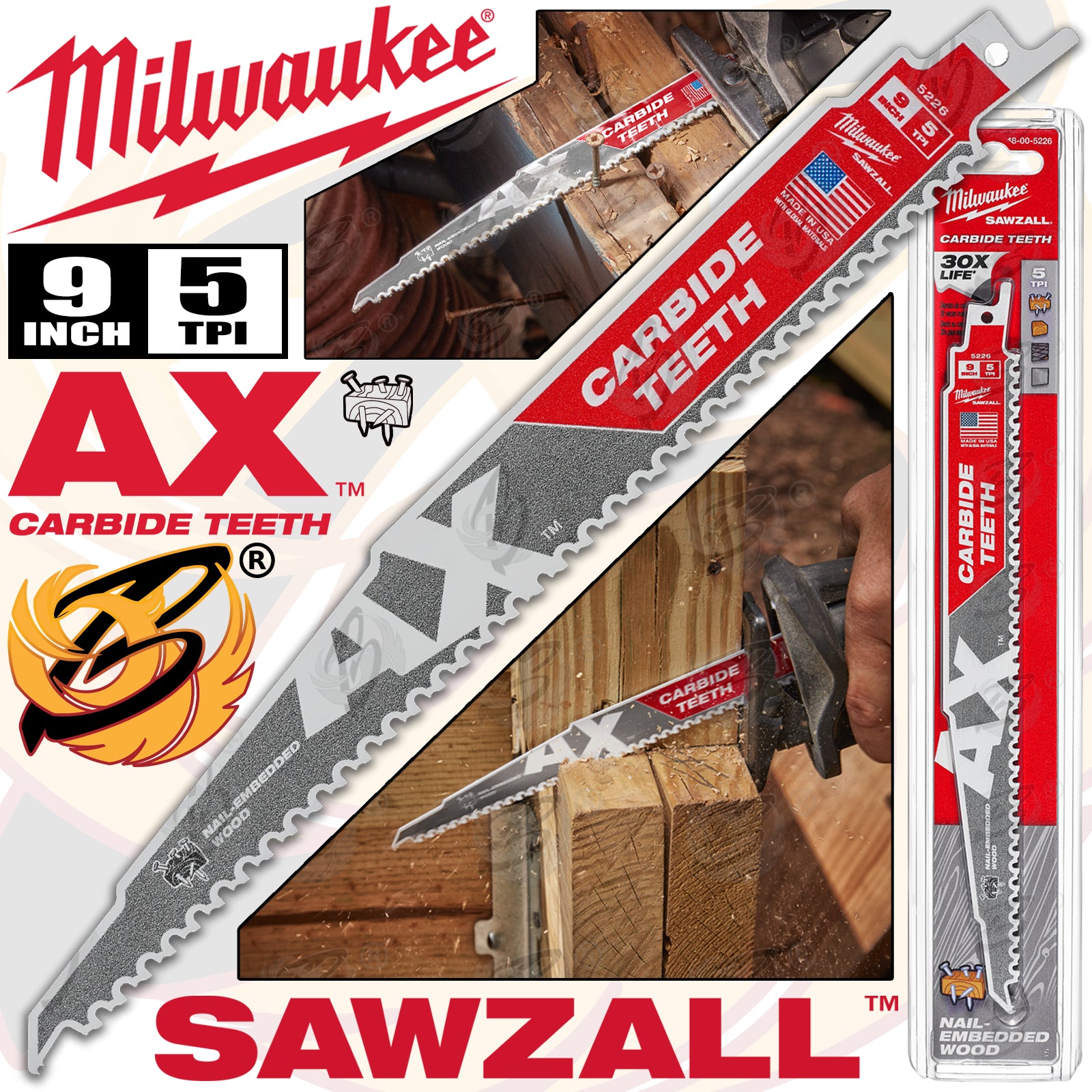 MILWAUKEE SAWZALL RECIPROCATING SAW BLADE 230mm x 5TPI TCT WOOD SAW BLADES ( THE AX )