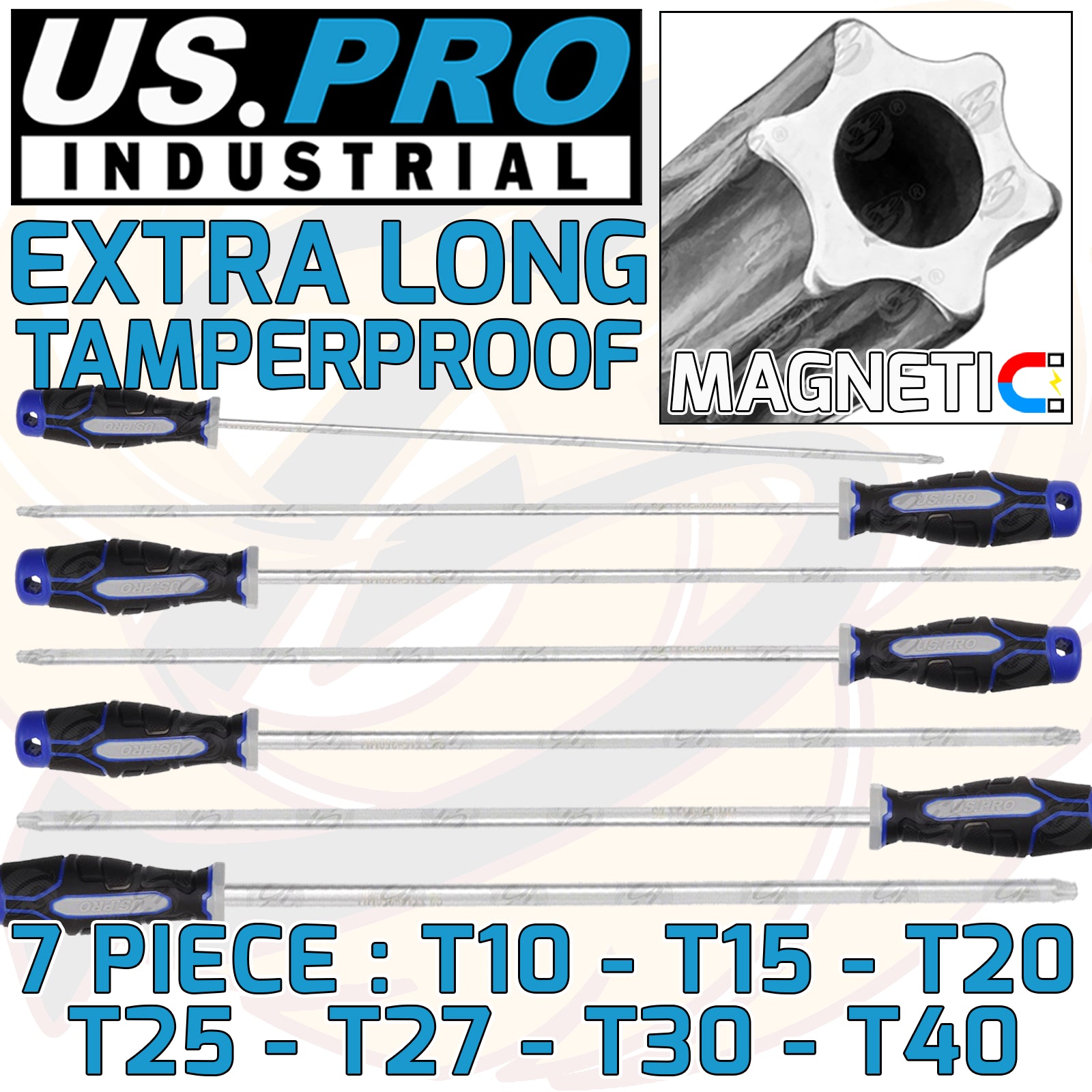 US PRO INDUSTRIAL 7PCS EXTRA LONG MAGNETIC TAMPER PROOF TORX SCREWDRIVERS T10 - T40