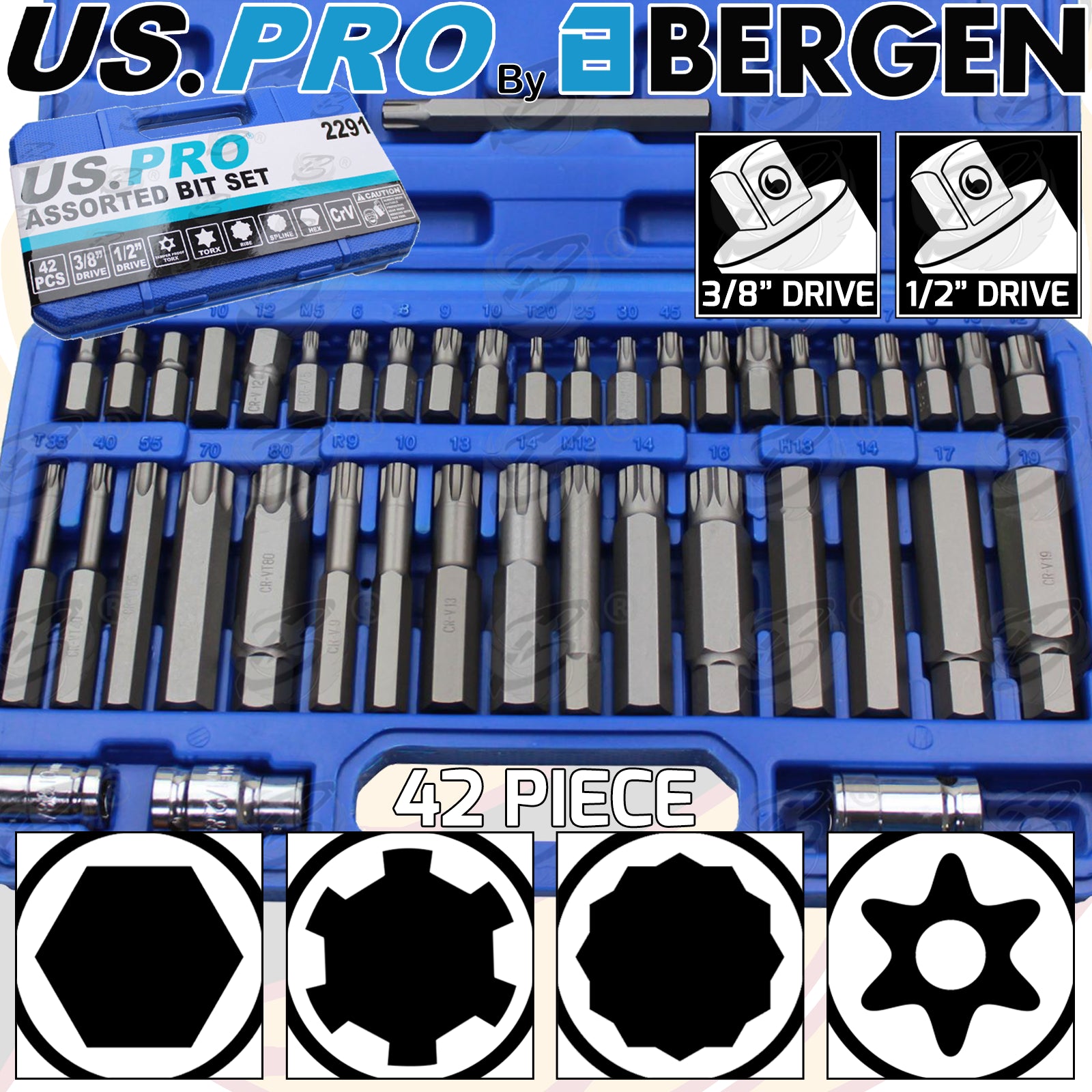 US PRO 42PCS HEX - TORX - SPLINE - RIBE BIT SOCKETS