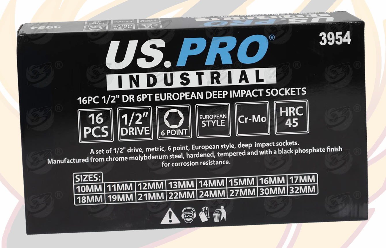 US PRO INDUSTRIAL 16PCS 1/2" DRIVE 6 POINT DEEP IMPACT SOCKETS 10MM - 32MM